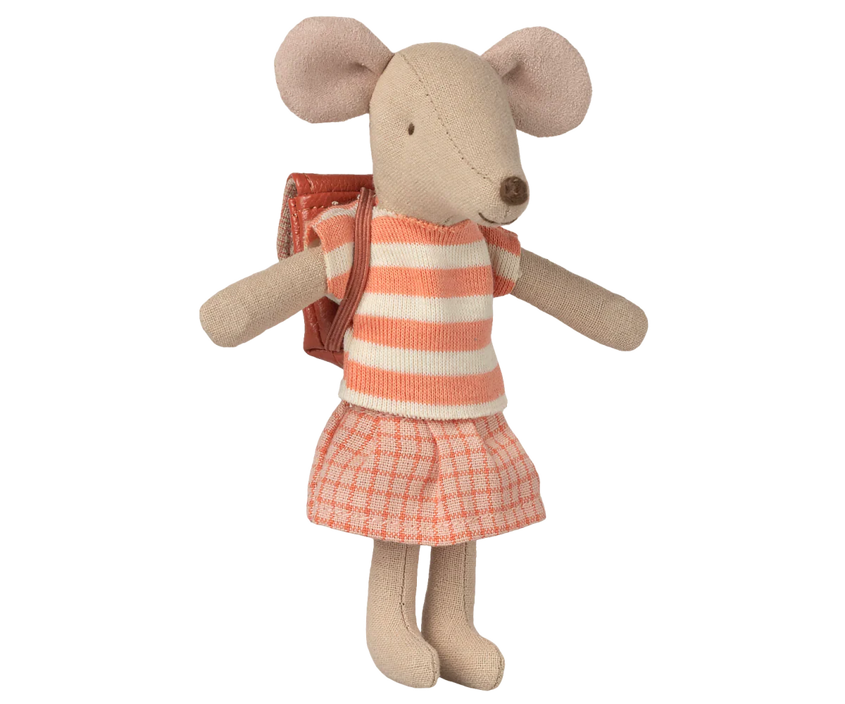Maileg big sister tricycle mouse in coral, plush toy with detailed features, perfect for children and collectors.