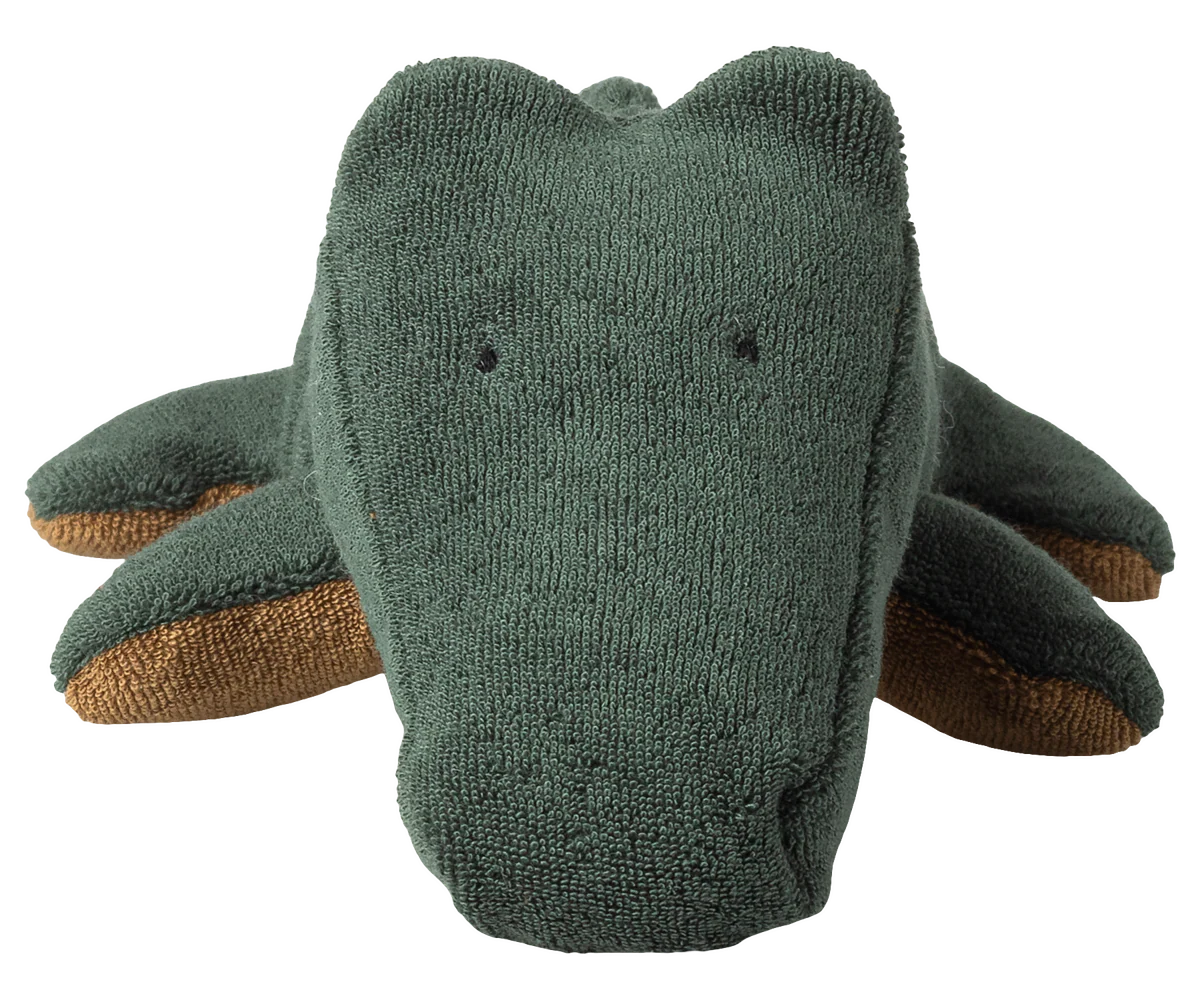 Small forest green Maileg Safari Friends crocodile plush toy with detailed stitching and friendly appearance.