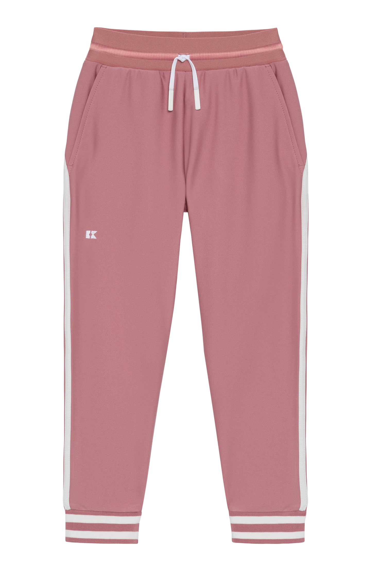 Dusty pink retro warm-up joggers for kids by Courtside Kids, featuring a cozy fit and stylish vintage design.