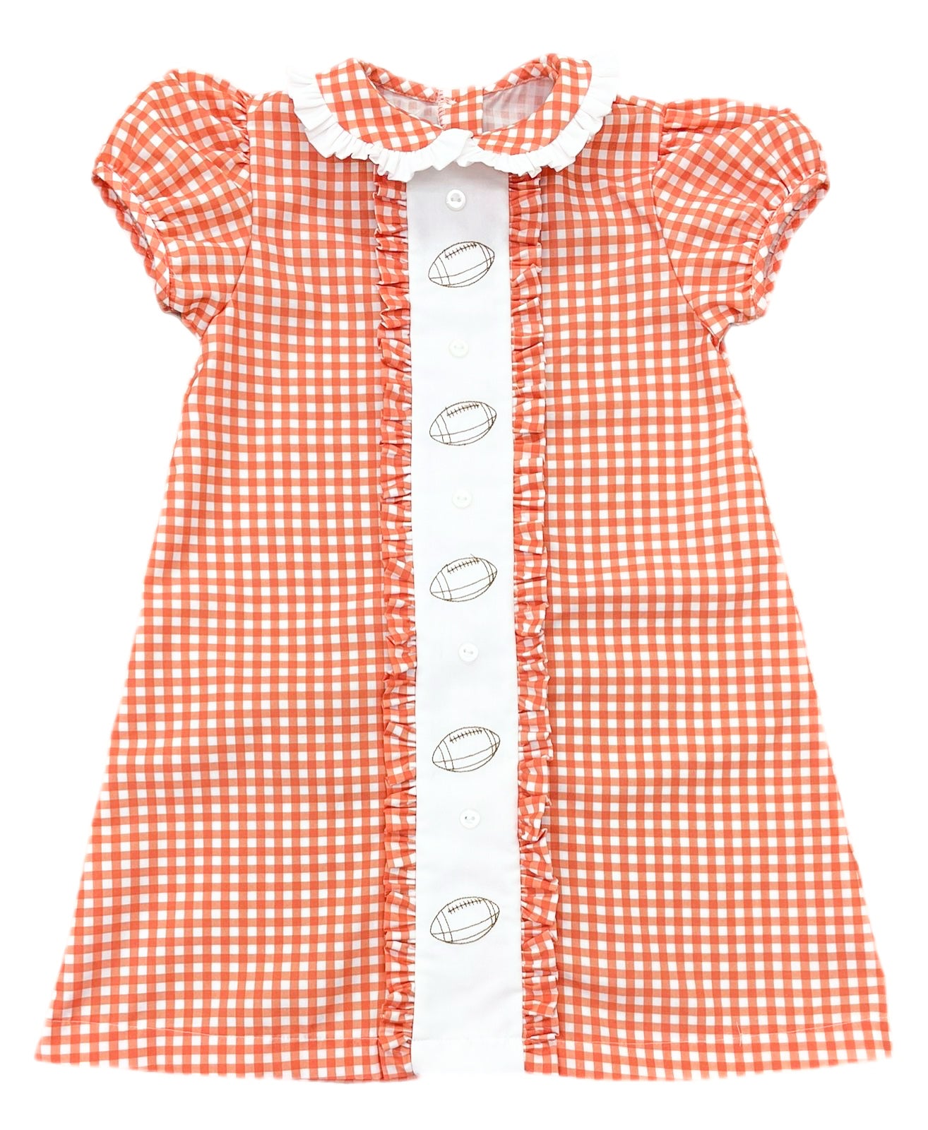 James & Lottie - Game On Orange Gingham Clare Dress with Footballs