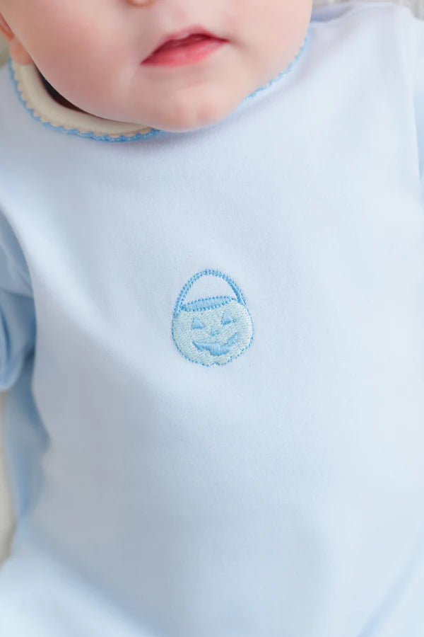 The Beaufort Bonnet Company - Rock Me Romper Buckhead Blue with Palmetto Pearl & Pumpkin Embroidery