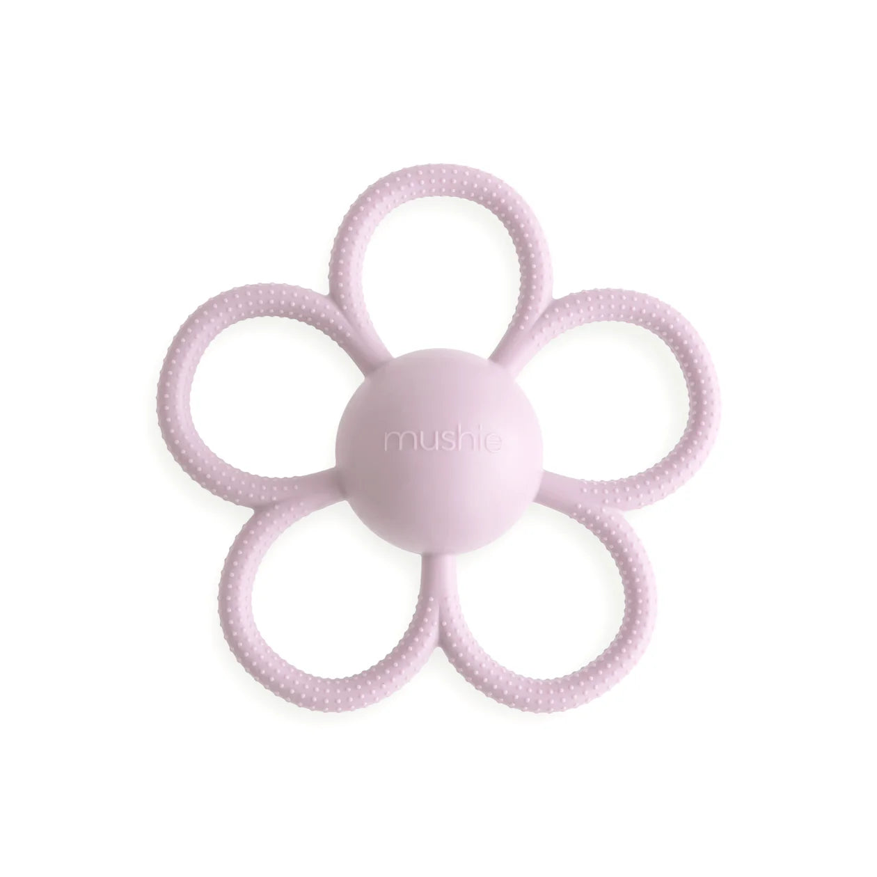 Mushie Daisy Rattle Teether in soft lilac color, featuring a cute daisy design and textured teething surface for babies.