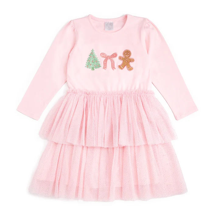 Gingerbread Embroidered Christmas Long Sleeve Tutu Dress 3T