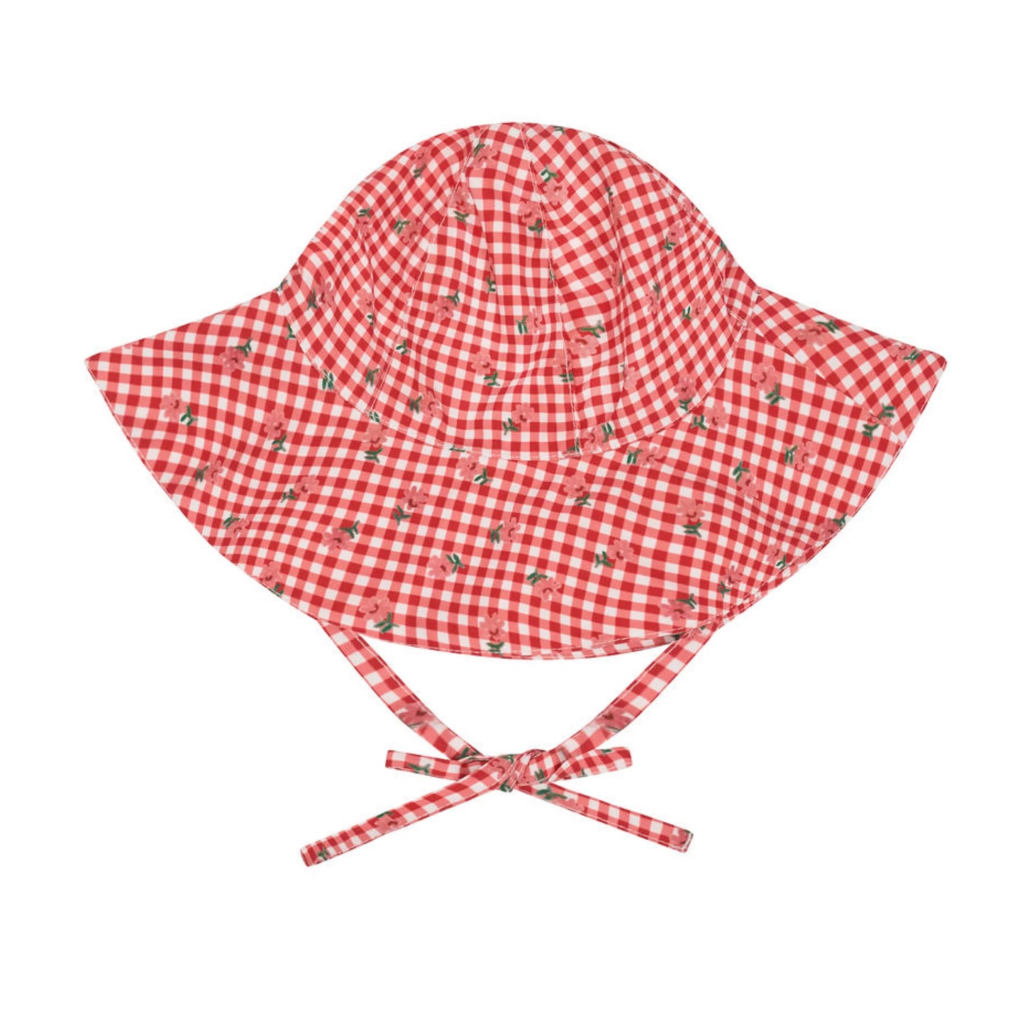 Baby floral gingham sun hat by Minnow, featuring a cute pastel floral pattern and wide brim for sun protection.