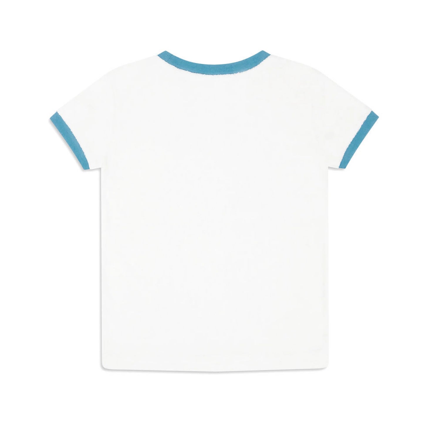 Unisex white French terry ringer tee by Minnow, showing the front view with contrasting collar and sleeve bands.
