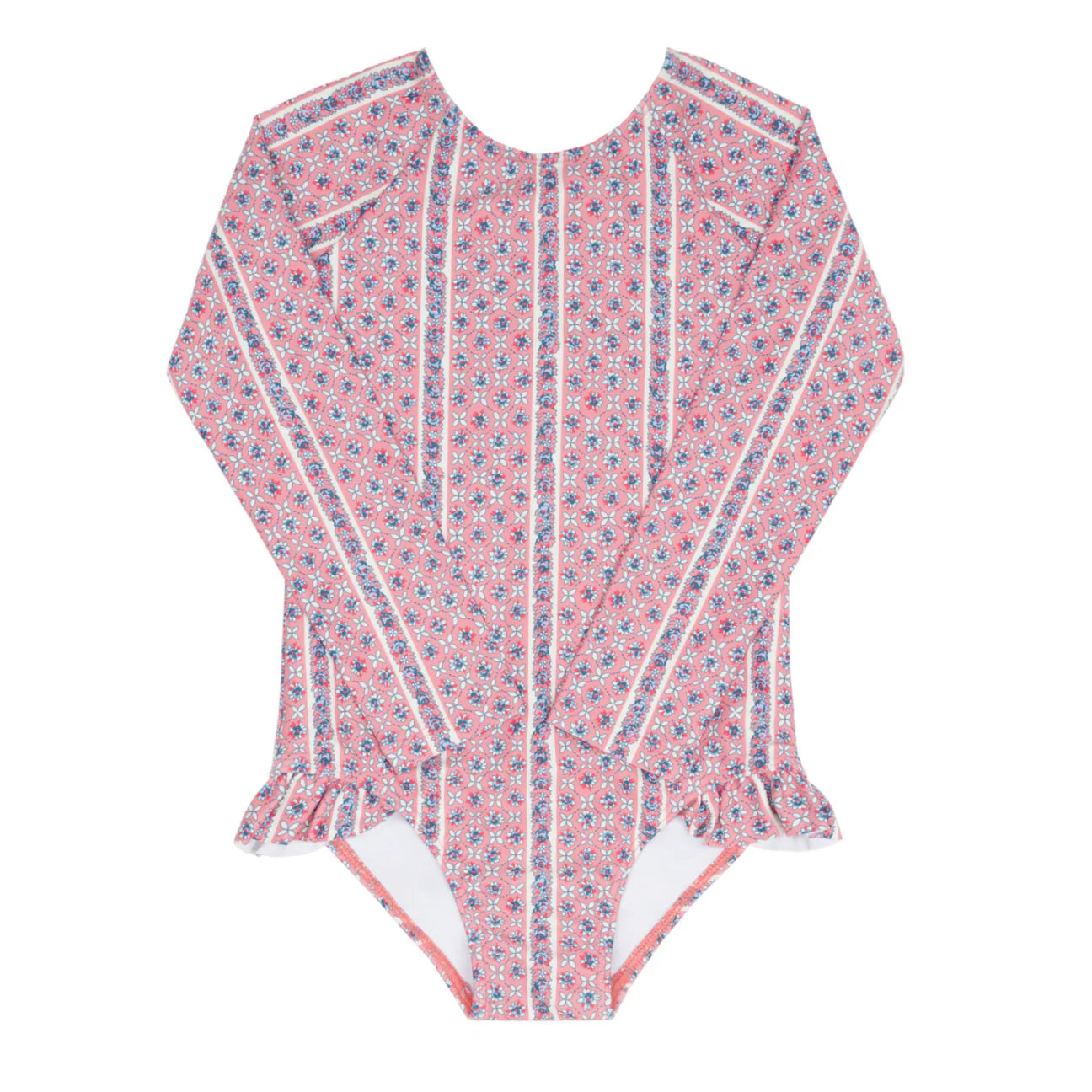Girls floral tile rash guard one-piece by Minnow, featuring a colorful floral pattern and comfortable fit for swimming.