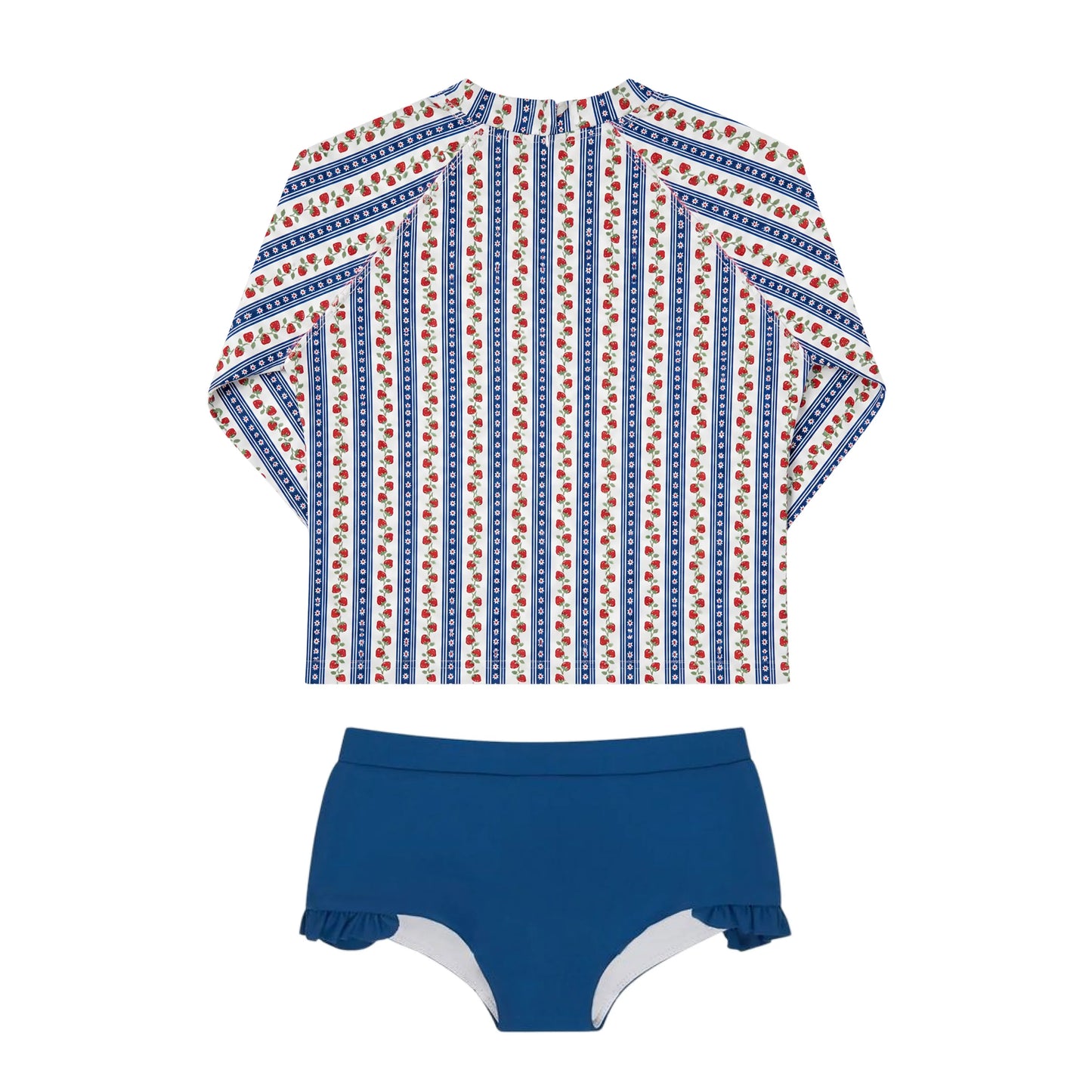 Girls' strawberry fields tie knot sleeve rashguard set by Minnow, featuring a colorful strawberry pattern and comfortable fit.