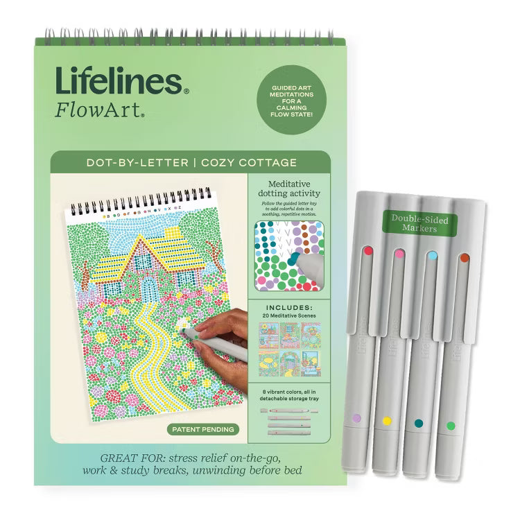 Dot-by-letter craft kit featuring a cozy cottage design by Lifelines, showcasing colorful dots and detailed art supplies.