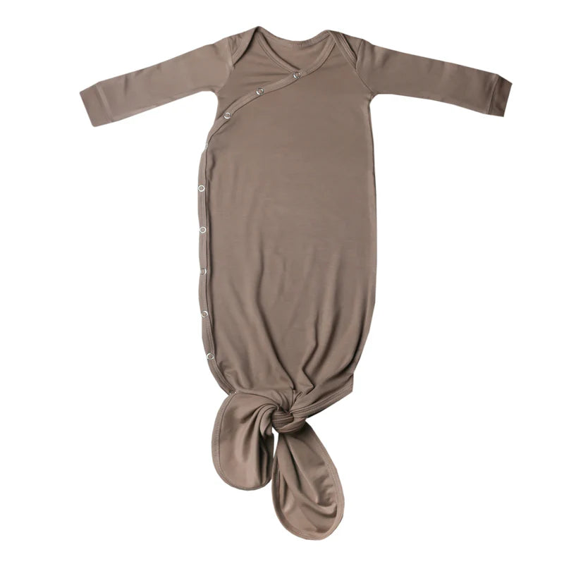 Copper Pearl Gobi newborn knotted gown in soft fabric, featuring a cozy design with a knot at the bottom for easy dressing.