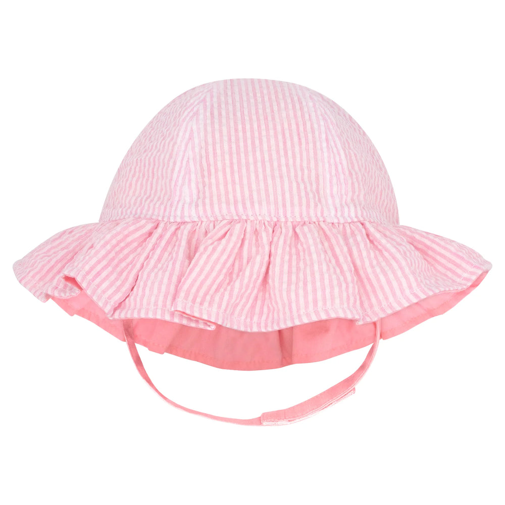 wee ones - Pink Reversible Girls Seersucker Ruffle Brim Hat