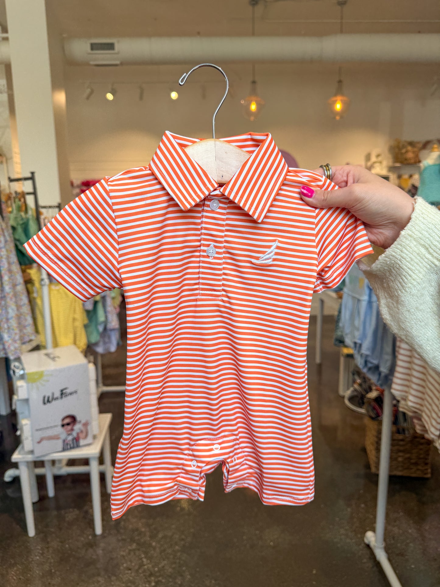 Orange Stripe Banks Performance Polo Romper