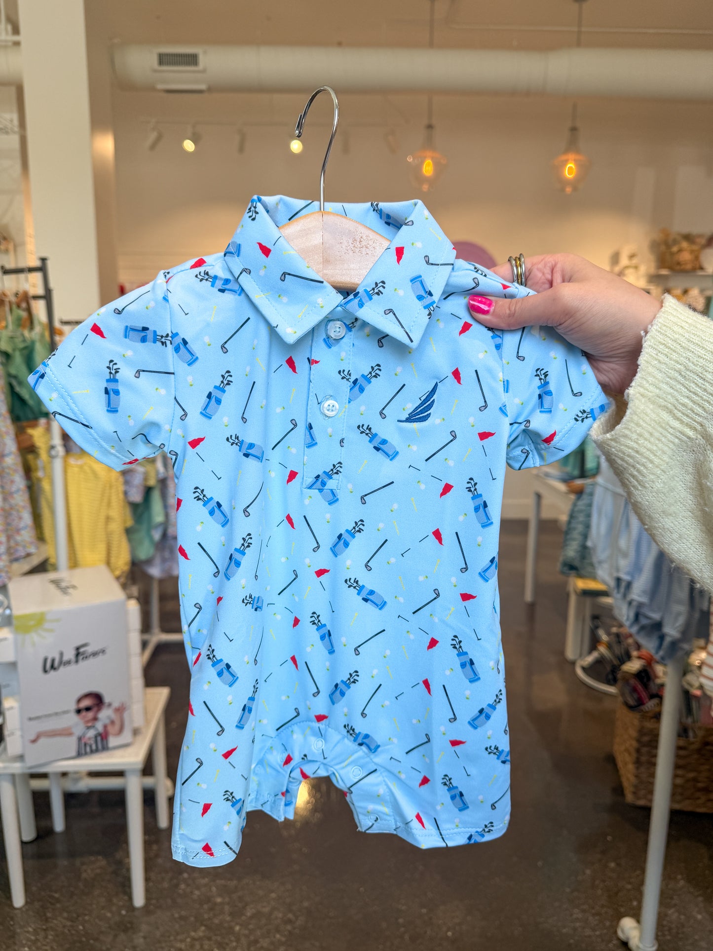 Blue Golf Bag Print Banks Performance Polo Romper