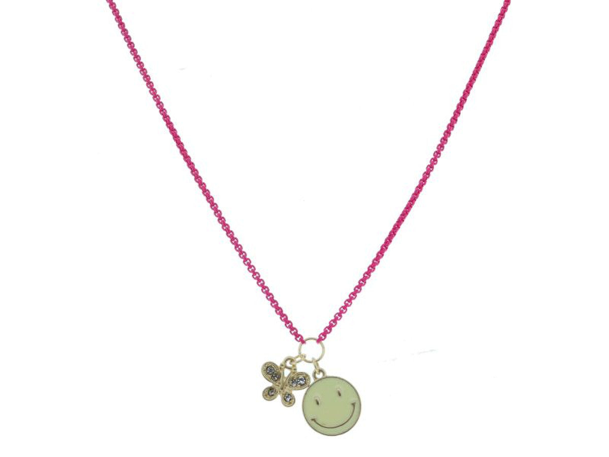 Gold Crystal Butterfly On Pink Box Chain And Cream Enamel Happy Face Necklace