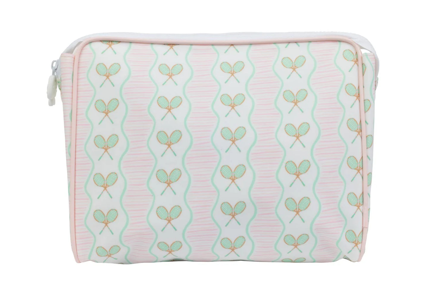 Apple of My Isla The Go Bag in vibrant fabric with multiple compartments and a sturdy handle, ideal for travel and daily use.