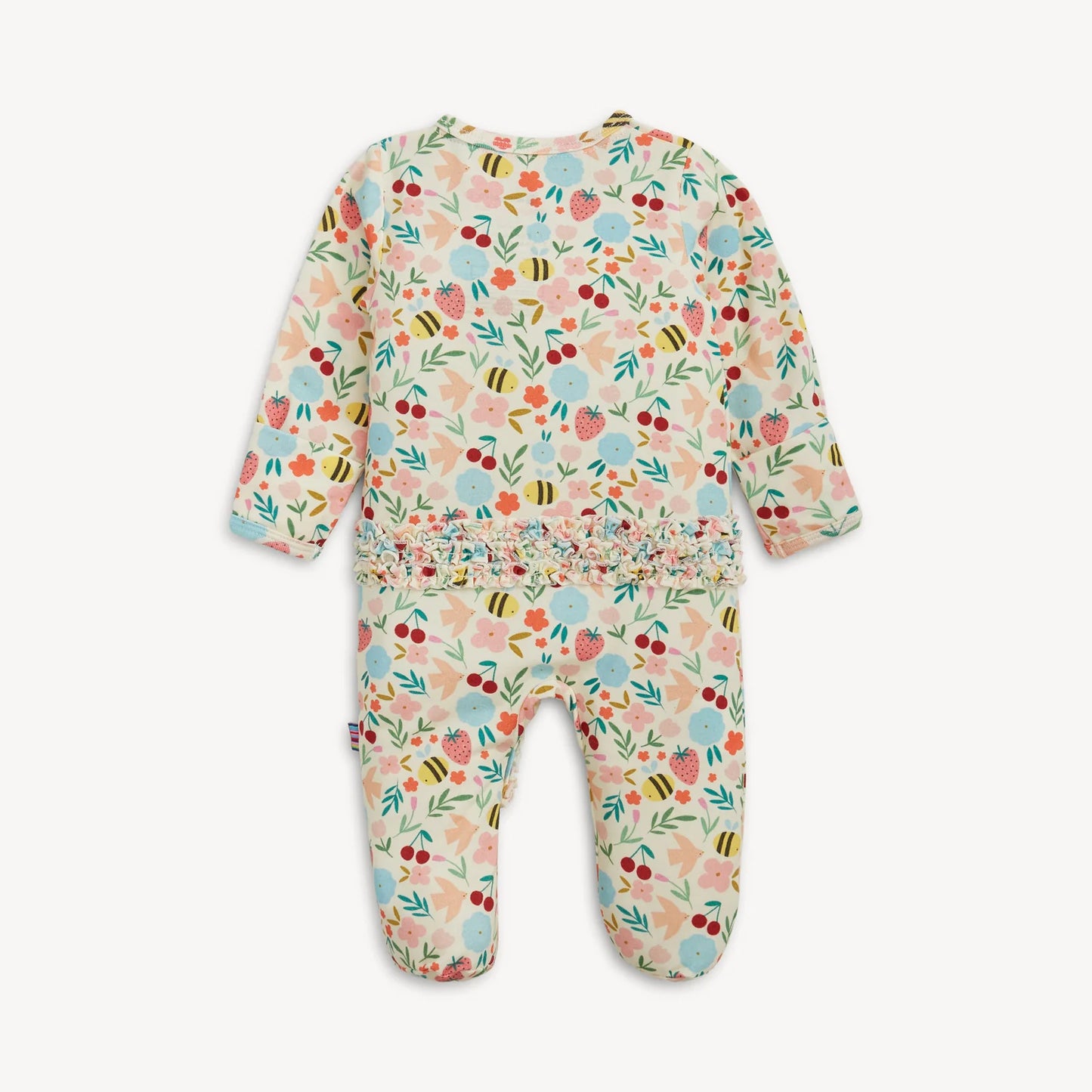 Magnetic Me Honey Blossom modal footie with ruffle accents, featuring magnetic closures and soft, comfortable fabric for infants.