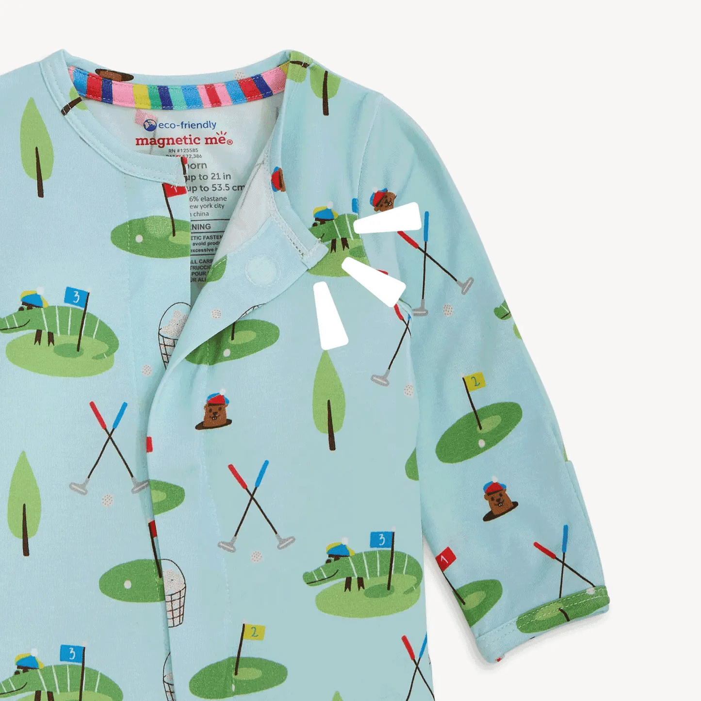 Magnetic Me Gopher It Modal Magnetic Footie for babies, soft gray fabric with magnetic closures and playful gopher design.