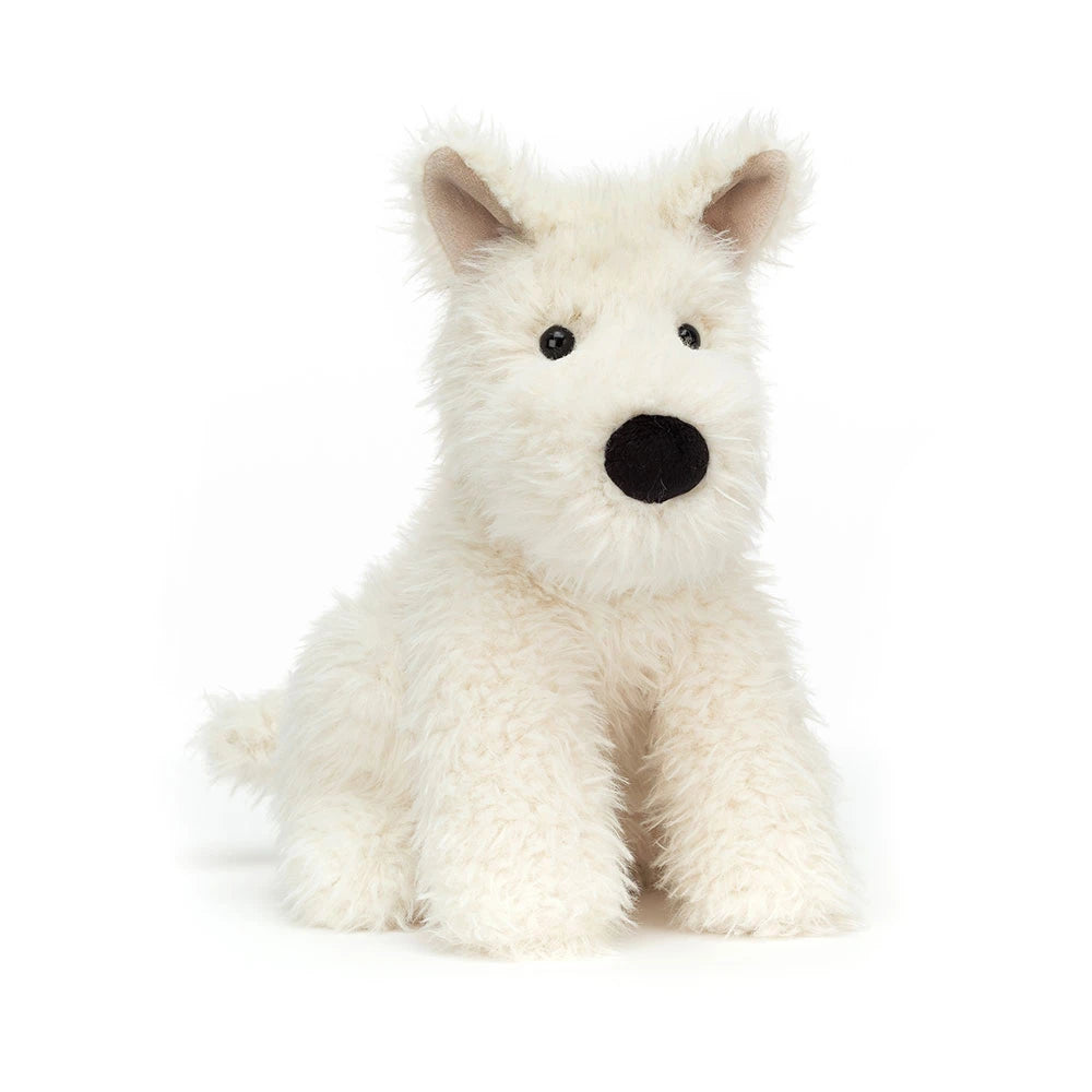 Jellycat Munro Scottie Dog plush toy with soft brown fur, black eyes, and floppy ears, sitting on a neutral background.