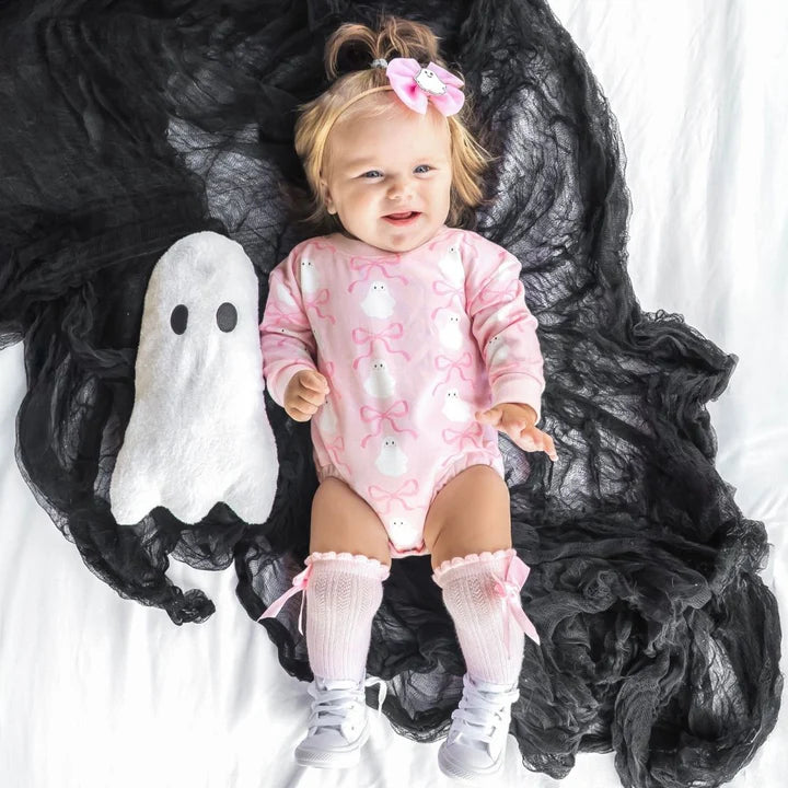 Sweet Wink - Coquette Ghost Halloween Long Sleeve Romper - Pink