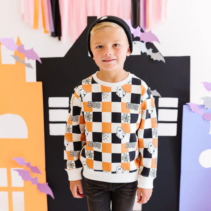 Sweet Wink - Boo Checkered Halloween Sweatshirt - Natural