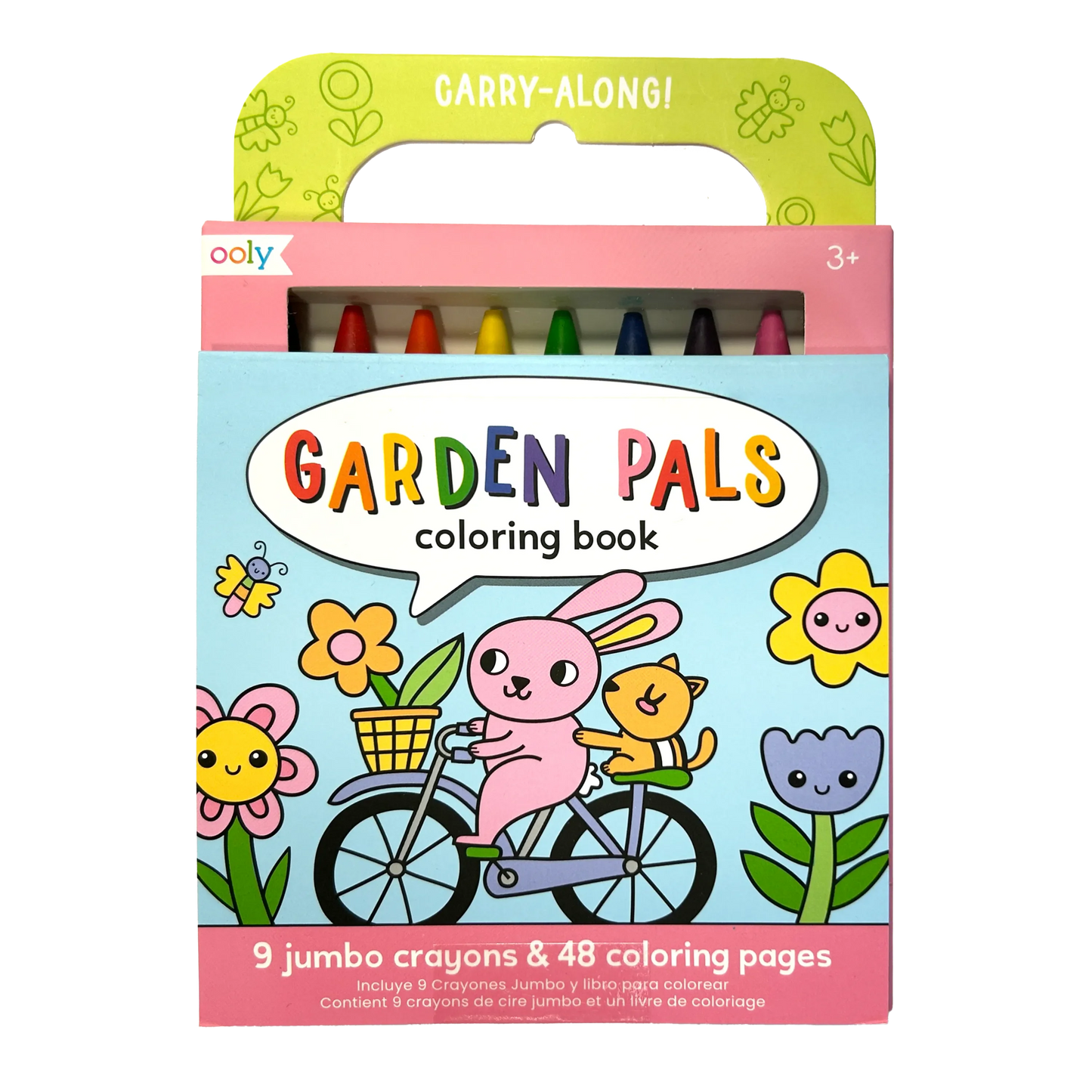 Ooly Garden Pals Carry Along coloring book with set of 9 colorful crayons, featuring outdoor garden-themed illustrations.