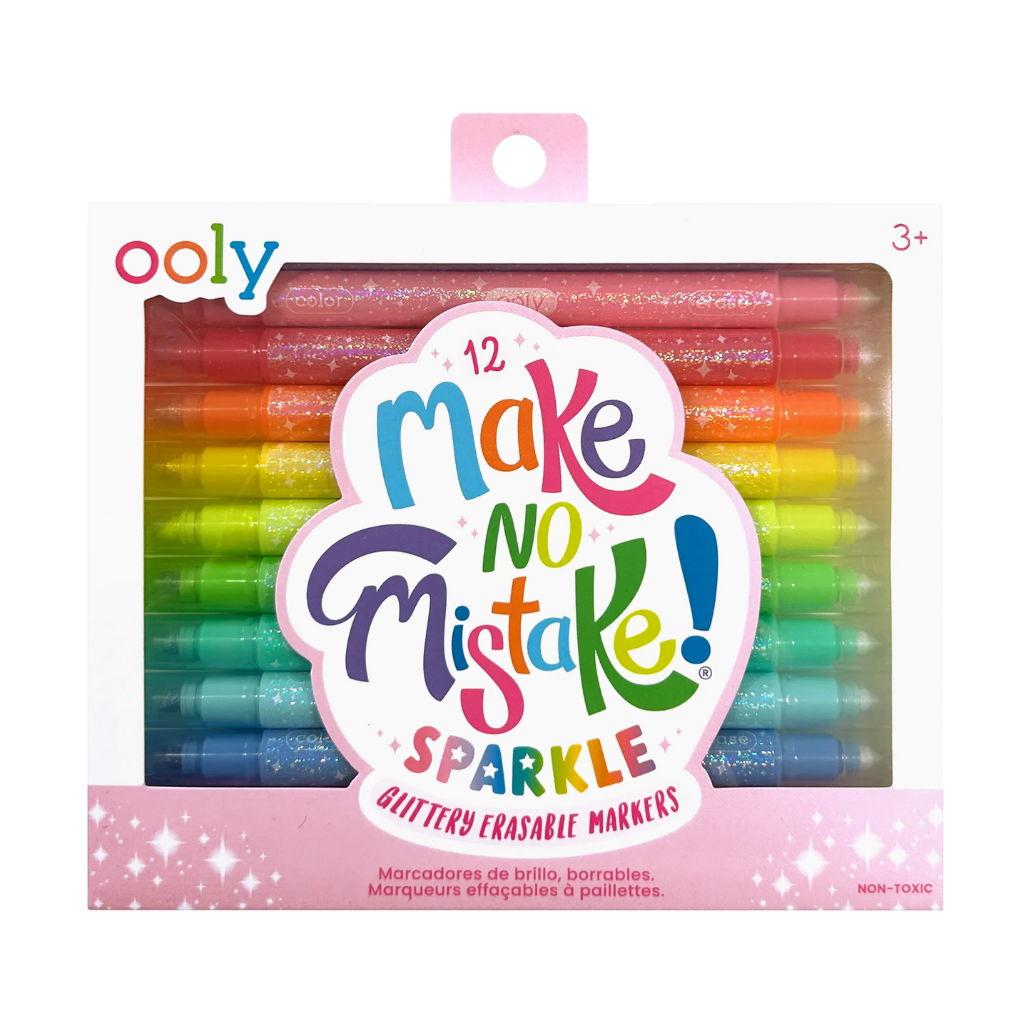 Ooly Make No Mistake! Glittery Erasable Markers in colorful packaging, featuring vibrant, sparkly marker tips for creative writing and drawing.