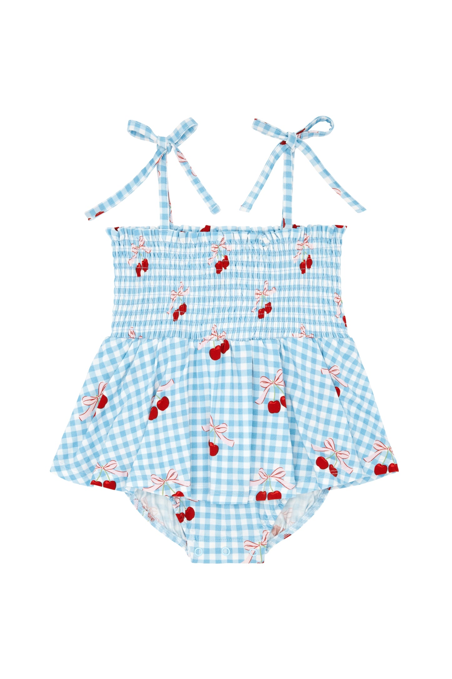 Little Cherry smocked twirl romper by In My Jammers featuring colorful cherry prints and a comfortable, ruffled design for babies.
