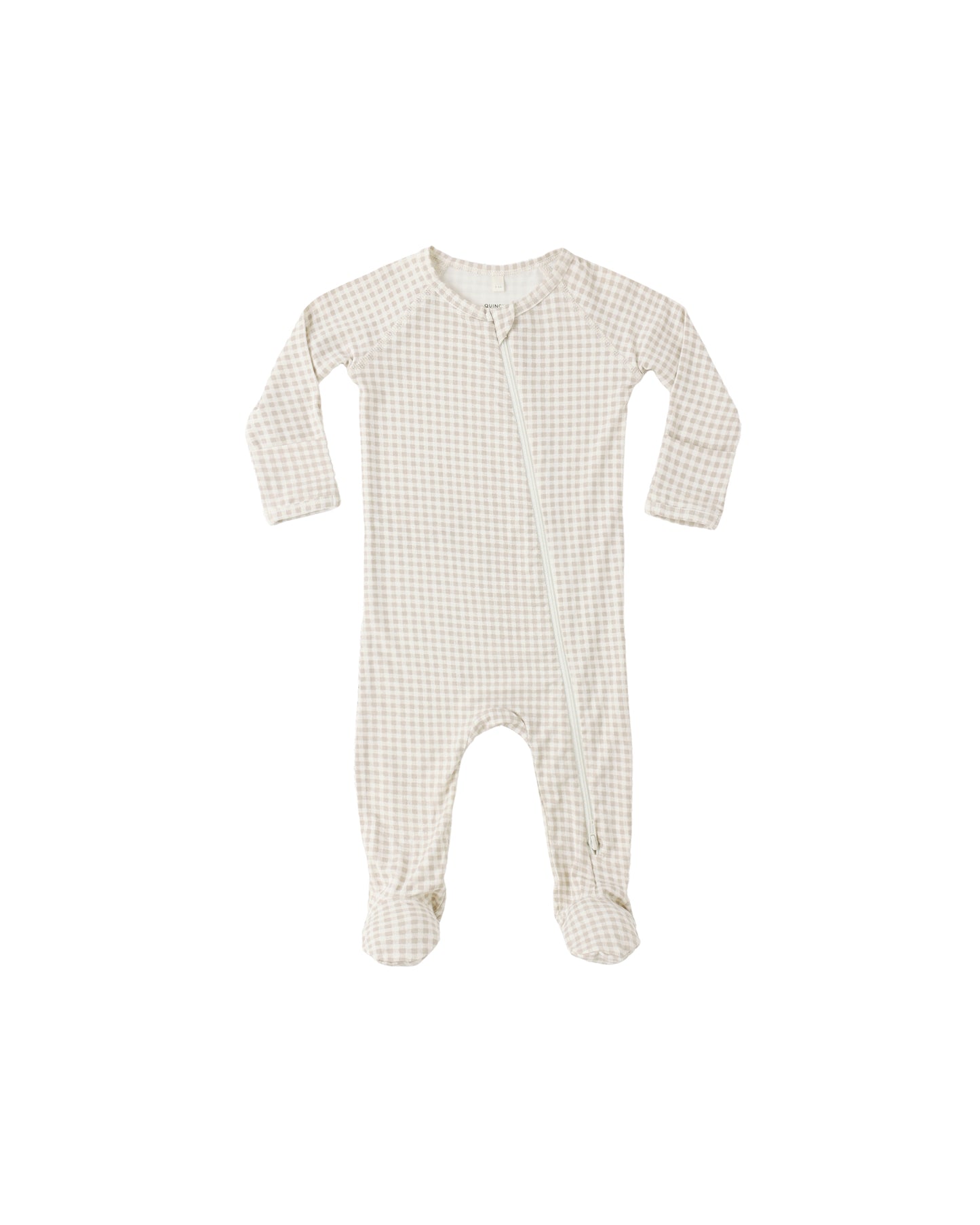 Quincy Mae Oat Gingham Bamboo Zip Footie in ivory with gingham pattern, featuring a front zipper and long sleeves.