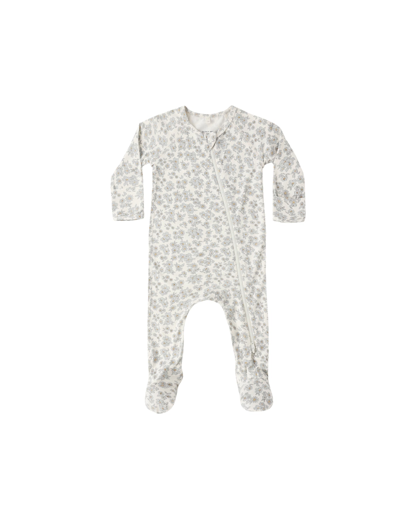 Blue floral bamboo zip footie by Quincy Mae, featuring a soft bamboo fabric with a floral pattern and front zipper.