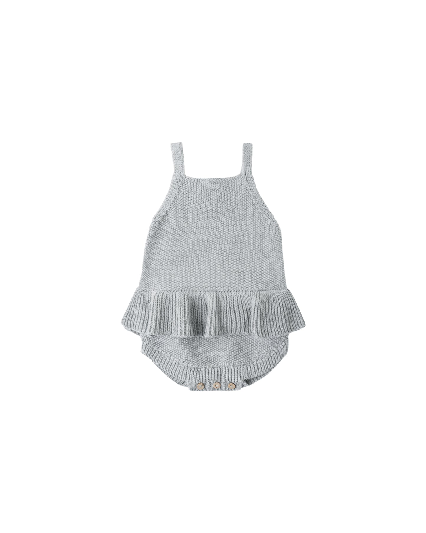 Heathered sky blue knit ruffle romper for toddlers by Quincy Mae, featuring soft fabric and playful ruffle details.