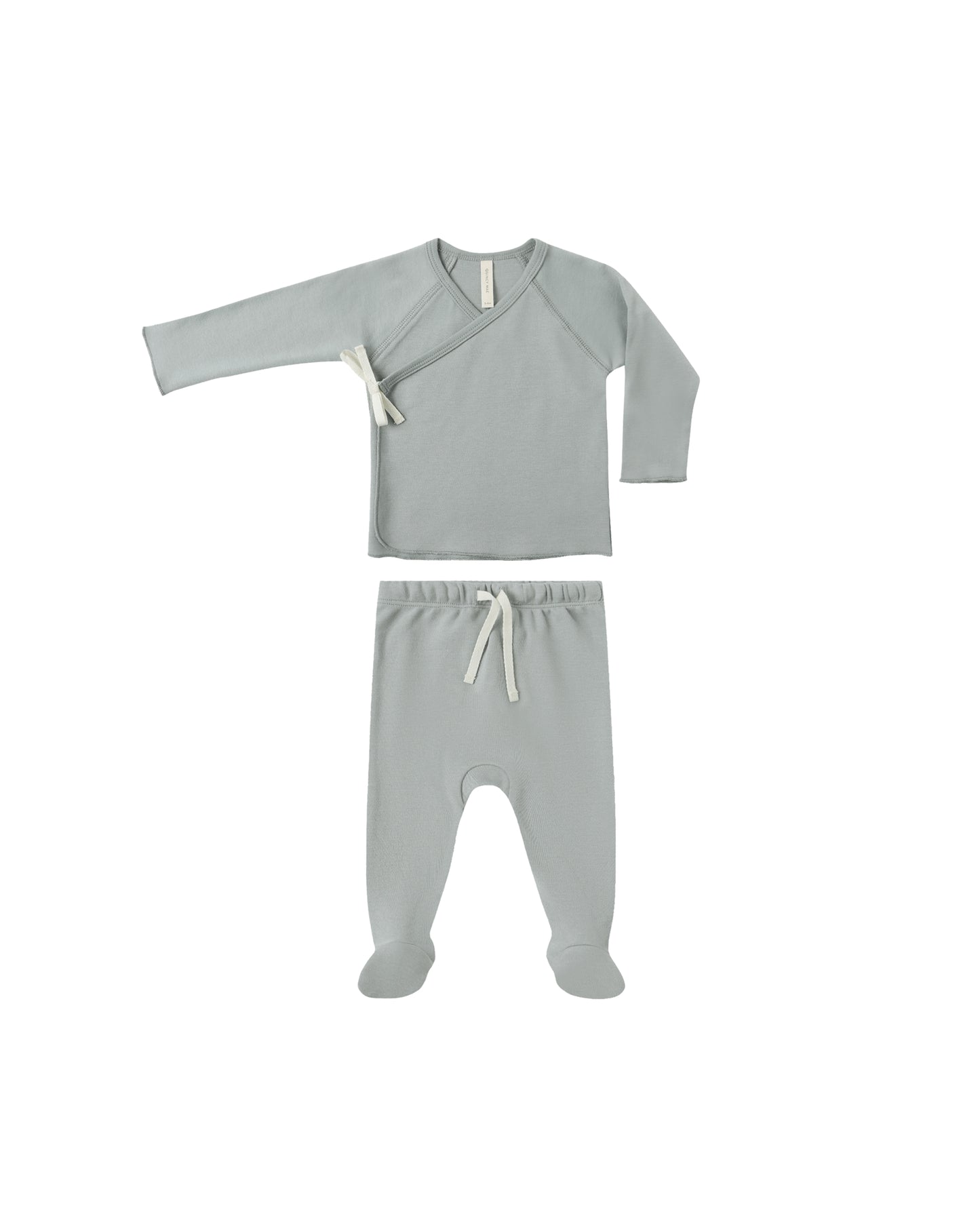 Steel blue wrap top and footed pant set by Quincy Mae, featuring soft fabric and comfortable fit, perfect for casual wear.