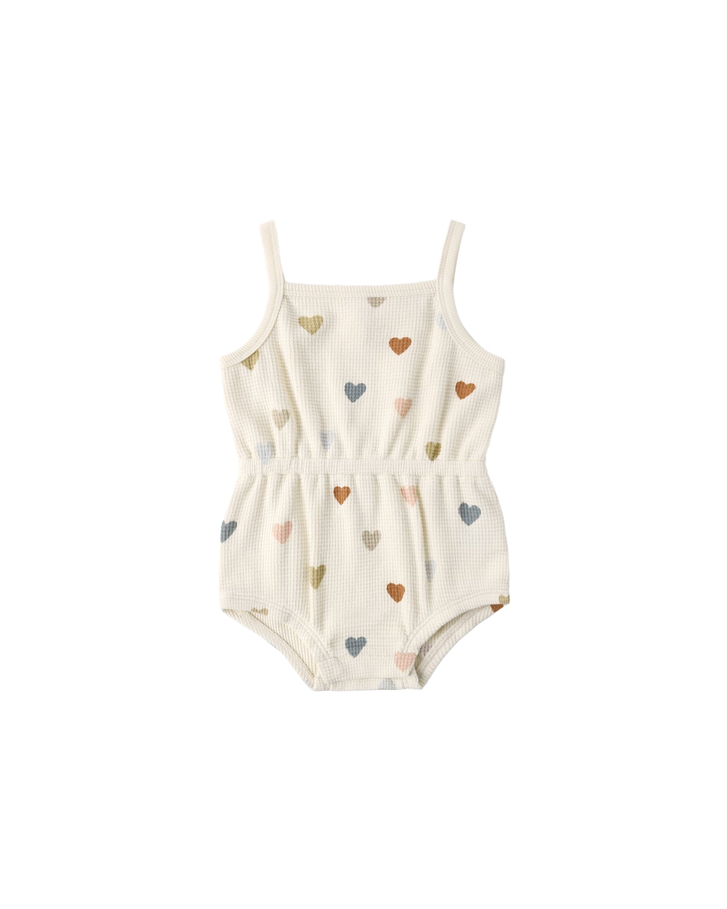 Natural-colored Quincy Mae confetti hearts waffle cinch romper for babies, featuring a soft, textured fabric and a comfy cinched waist.