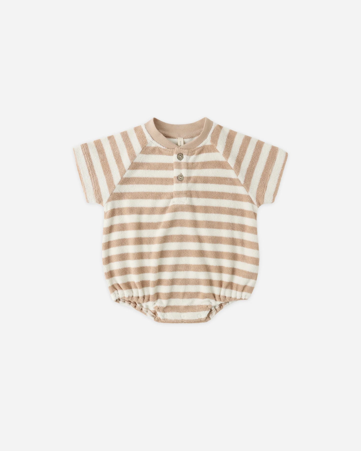 Latte stripe terry henley romper by Quincy Mae, featuring a cozy design and soft fabric in a light brown color.