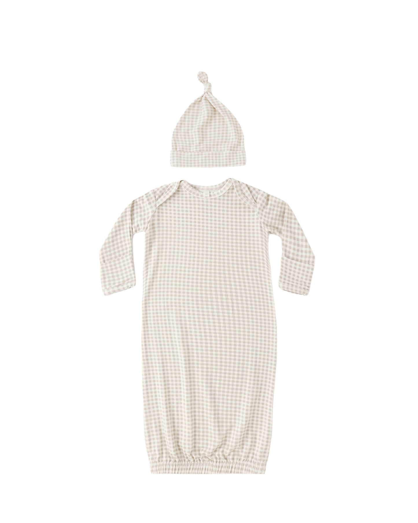Baby girl wearing ivory gingham bamboo gown and matching hat by Quincy Mae, soft and comfortable for newborns.