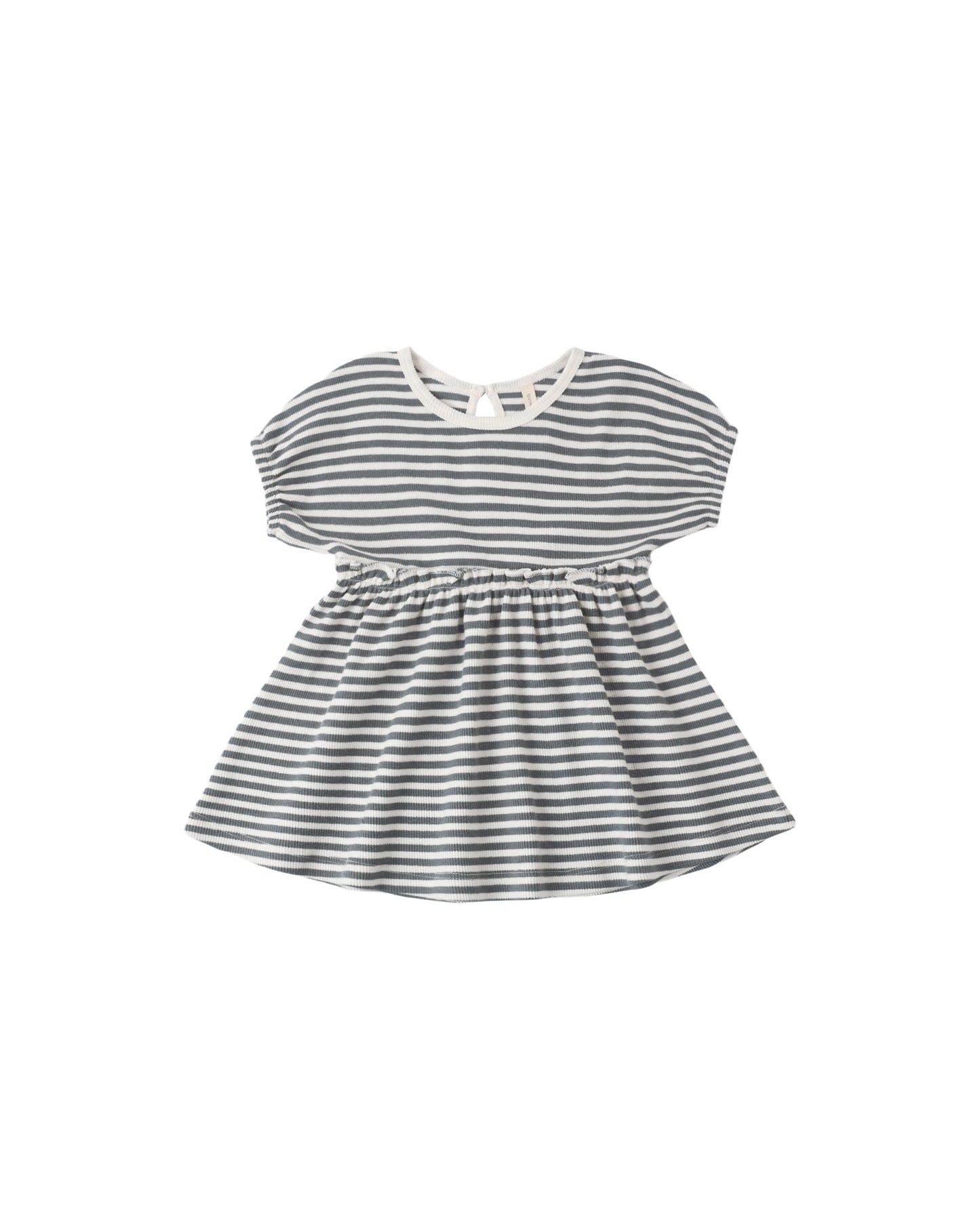 Ocean Stripe Annie Dress by Quincy Mae, lightweight cotton dress with blue and white ocean-inspired stripes, displayed on a hanger.