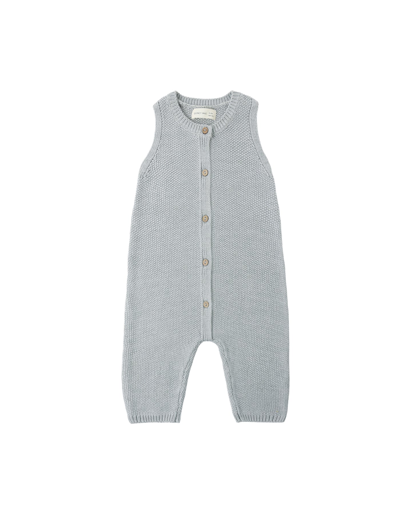 Heathered sky blue knit jumpsuit by Quincy Mae, featuring soft fabric and a relaxed fit, shown on a hanger.