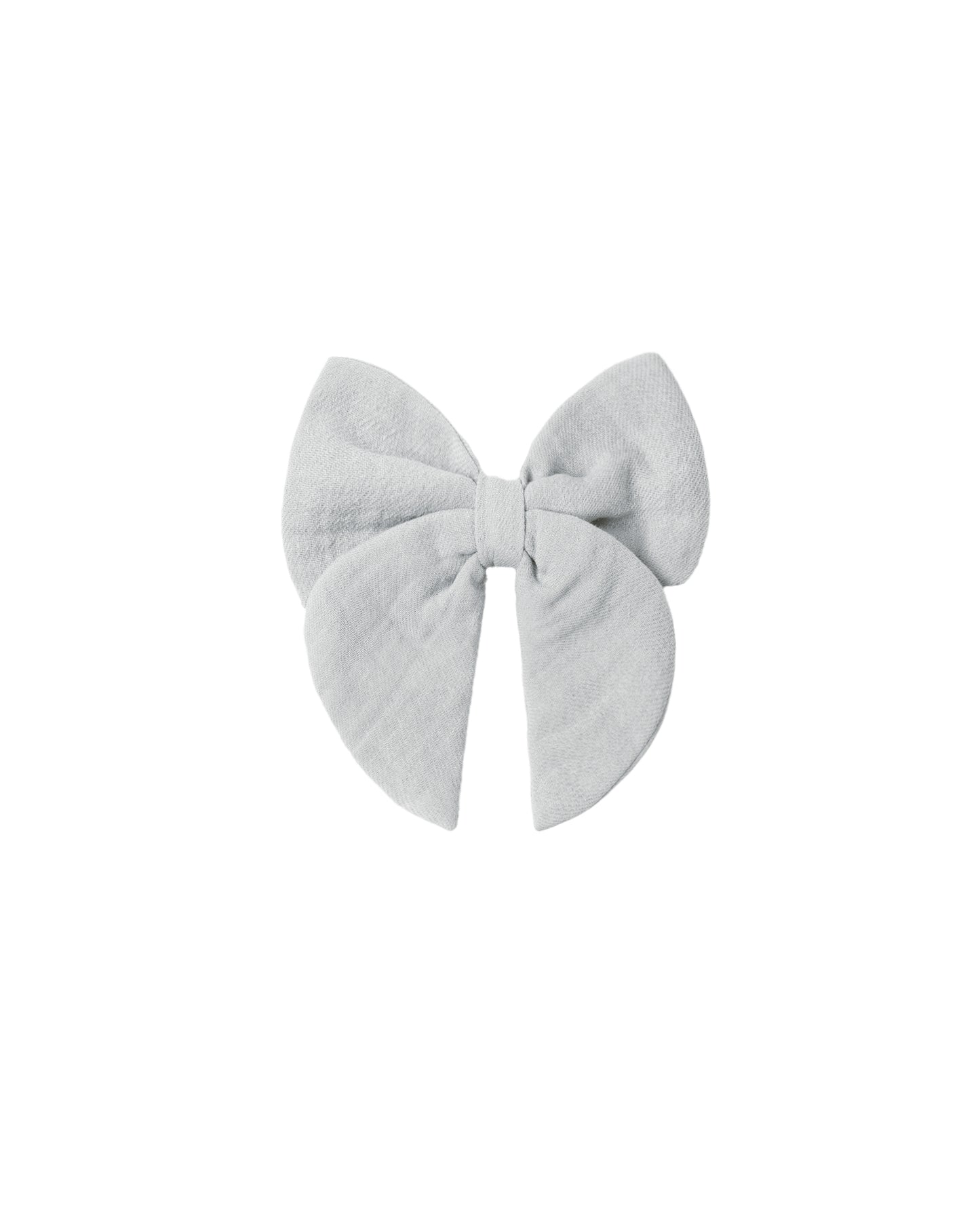 Quincy Mae Sky Bow baby blanket with soft gray and sky blue fabric, featuring a gentle bow detail and cozy texture.