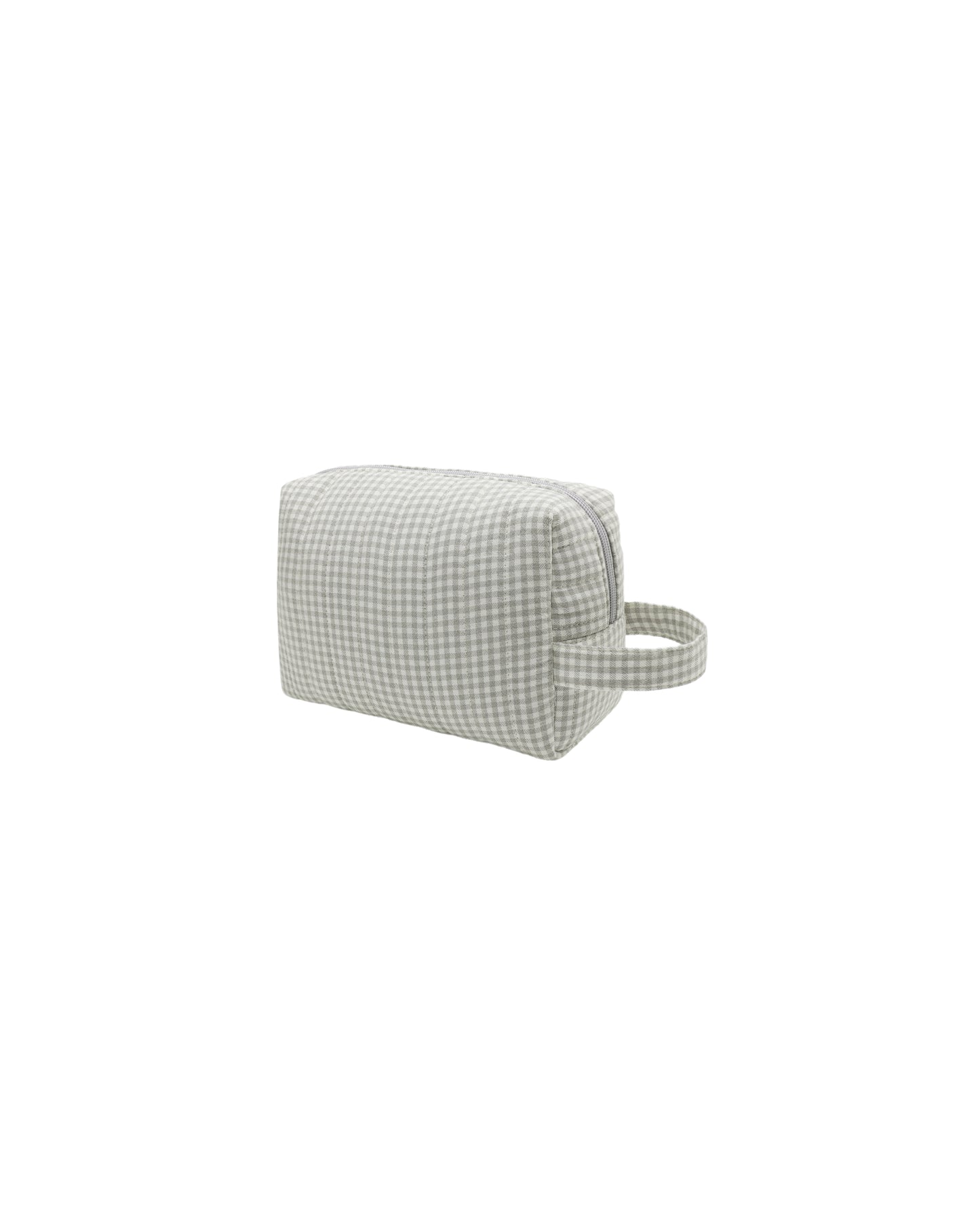 Sage gingham toiletry bag by Quincy Mae with zipper closure, showcasing compact storage for travel essentials.