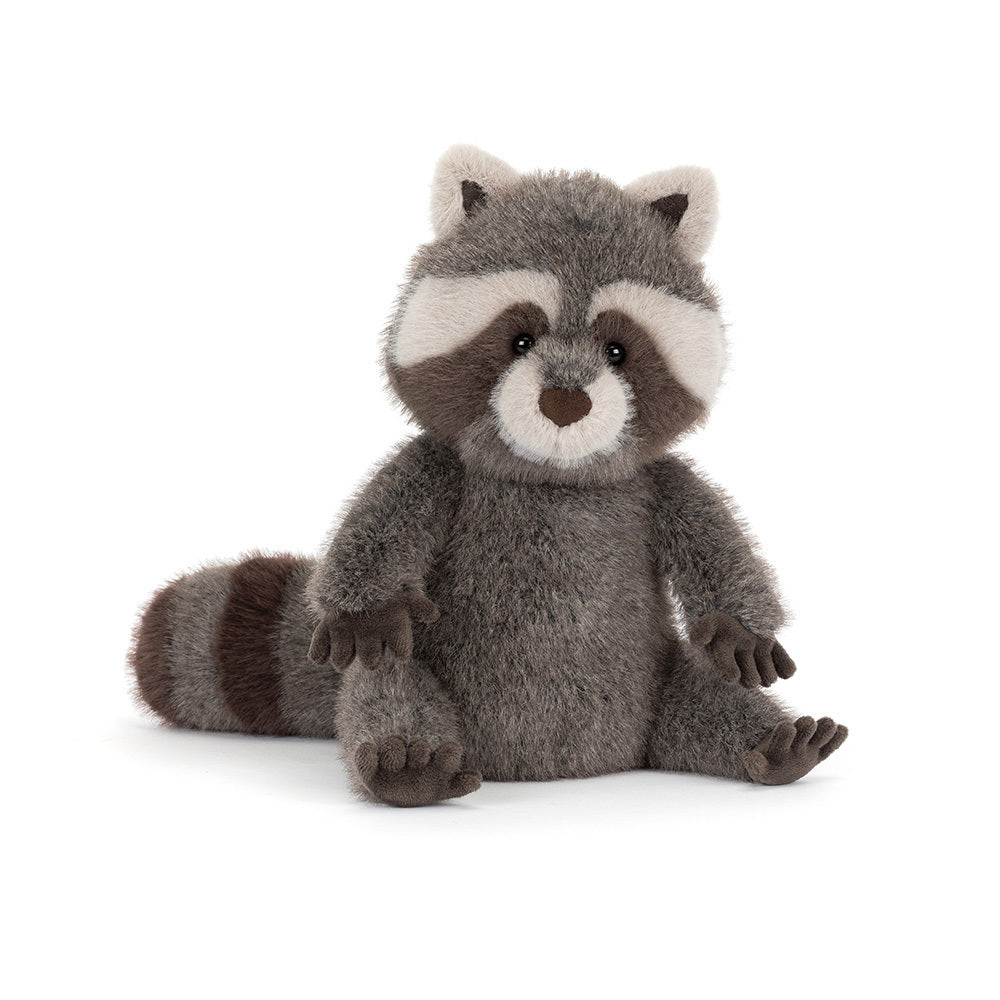 Jellycat Trixiwoo Raccoon plush toy with soft gray fur, black eyes, and a cute, friendly expression.