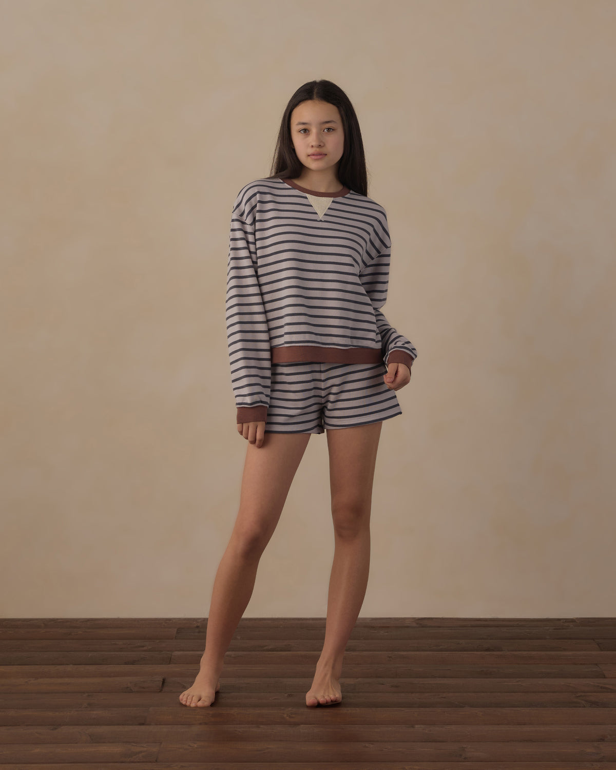 Teen Midnight Stripe Oversized Crew Sweatshirt by Rylee & Cru, featuring navy and white horizontal stripes and a relaxed fit.