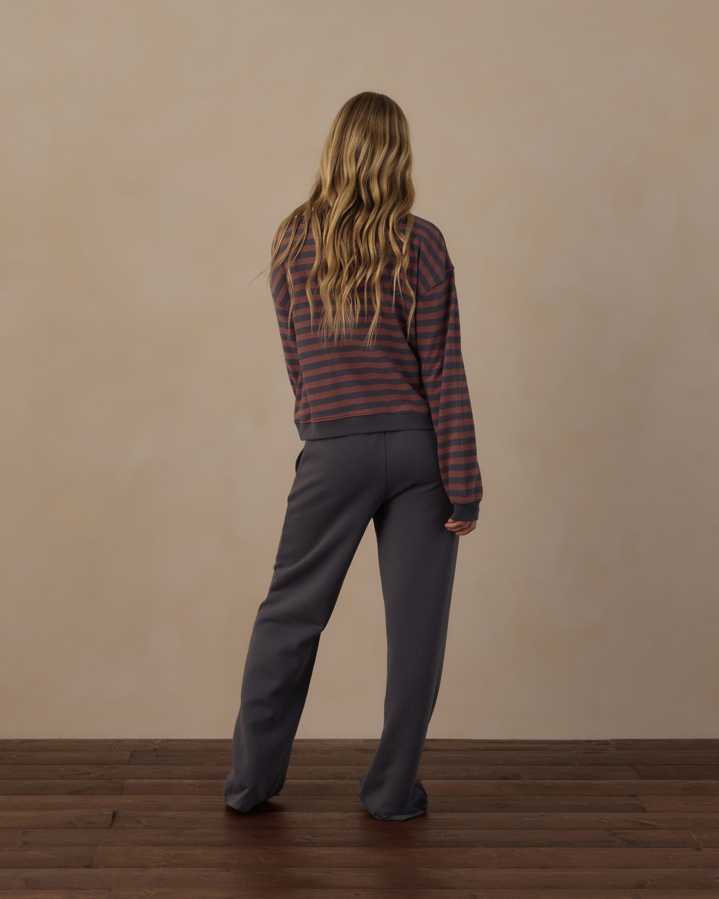 Teen oversized crew sweatshirt with white and multicolor Mulberry stripe by Rylee & Cru, shown laid flat.
