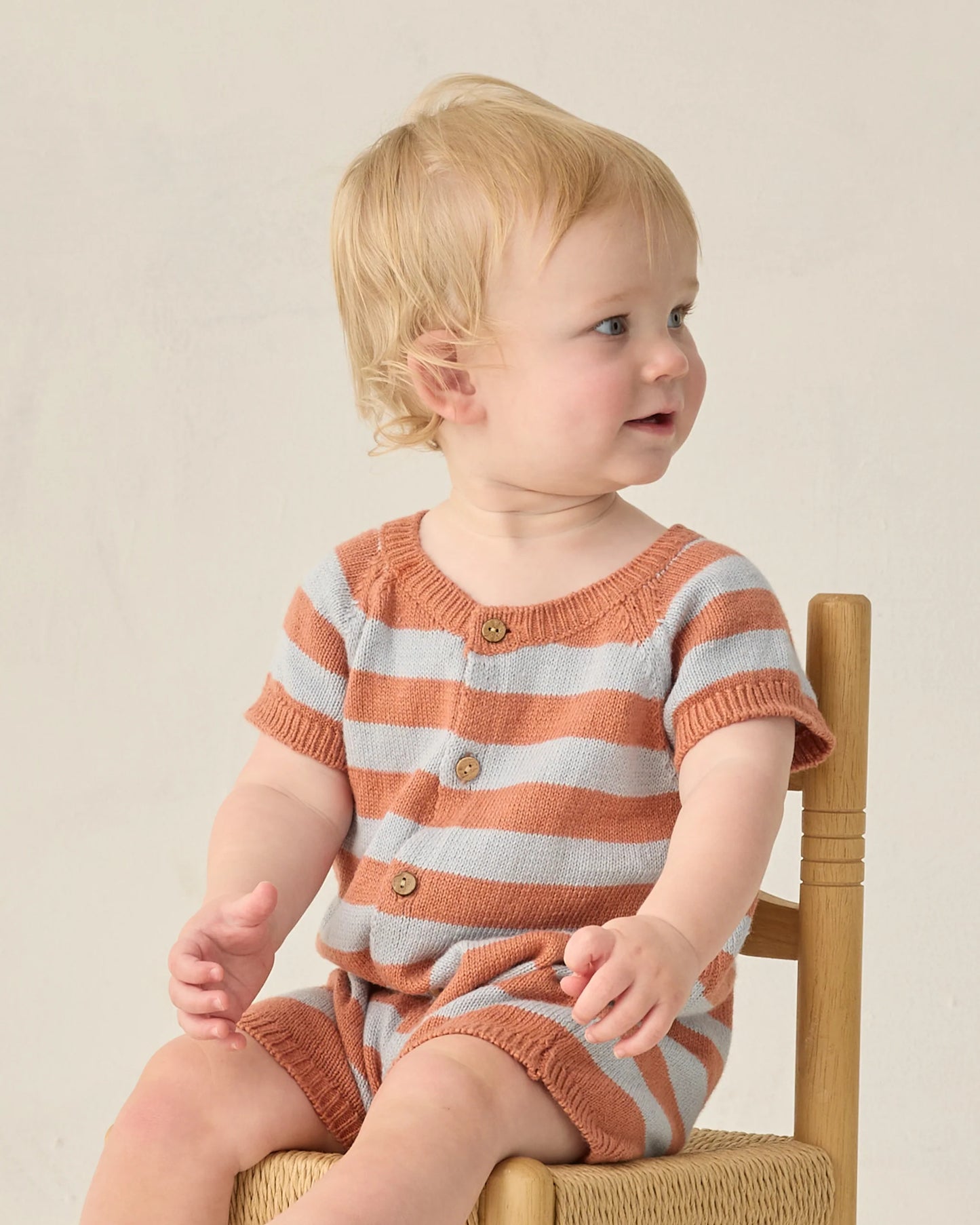 Rylee & Cru Americana Stripe Liam Knit Romper for babies, featuring colorful striped pattern and soft knit fabric.