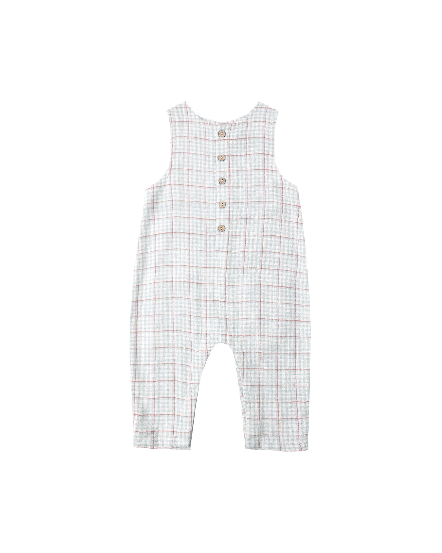 Light blue striped button jumpsuit by Rylee & Cru, featuring a relaxed fit with a collar and front buttons.