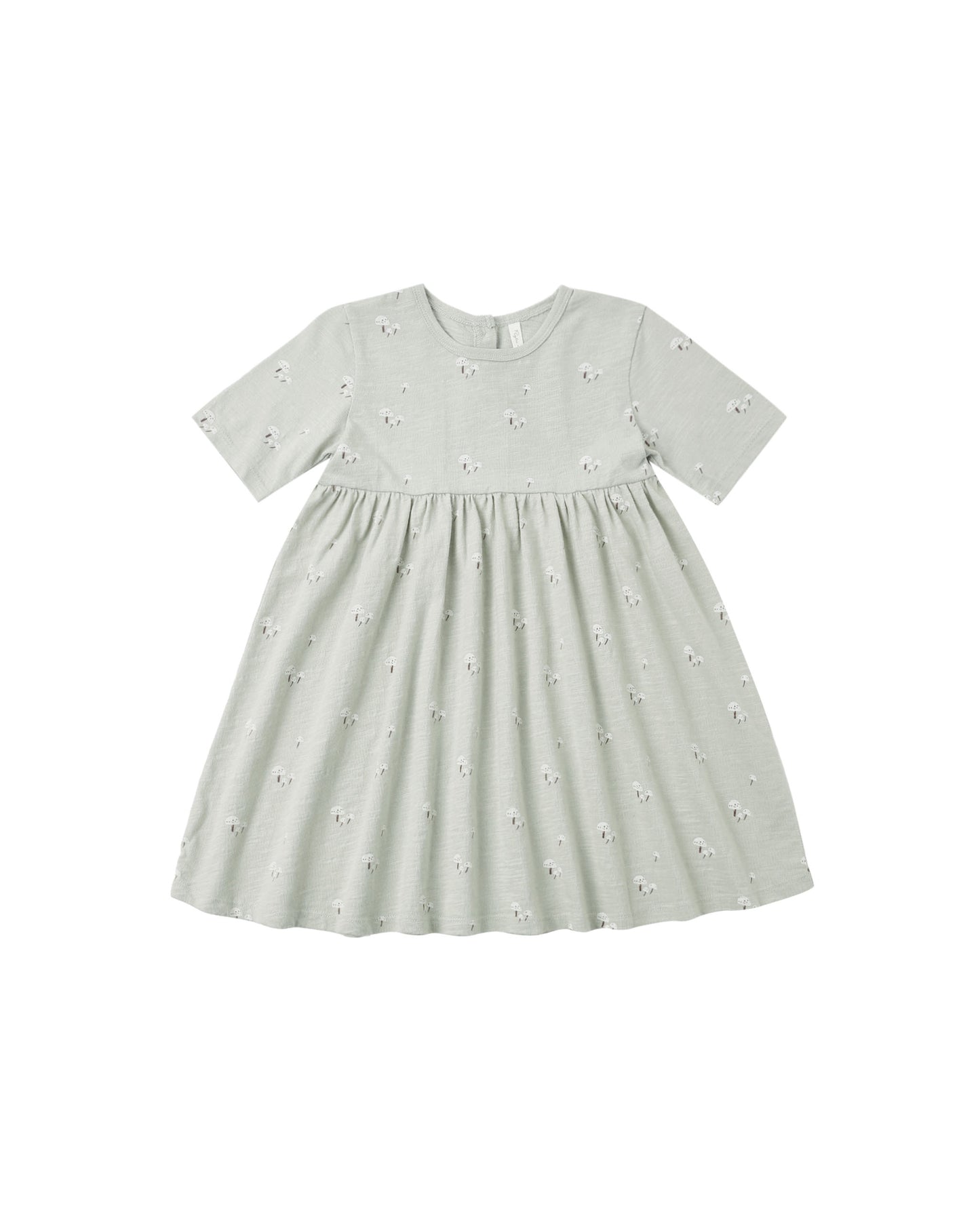 Rylee & Cru Mushrooms Finn Dress in sage color, featuring a soft, comfortable fabric with a playful mushroom print for kids.