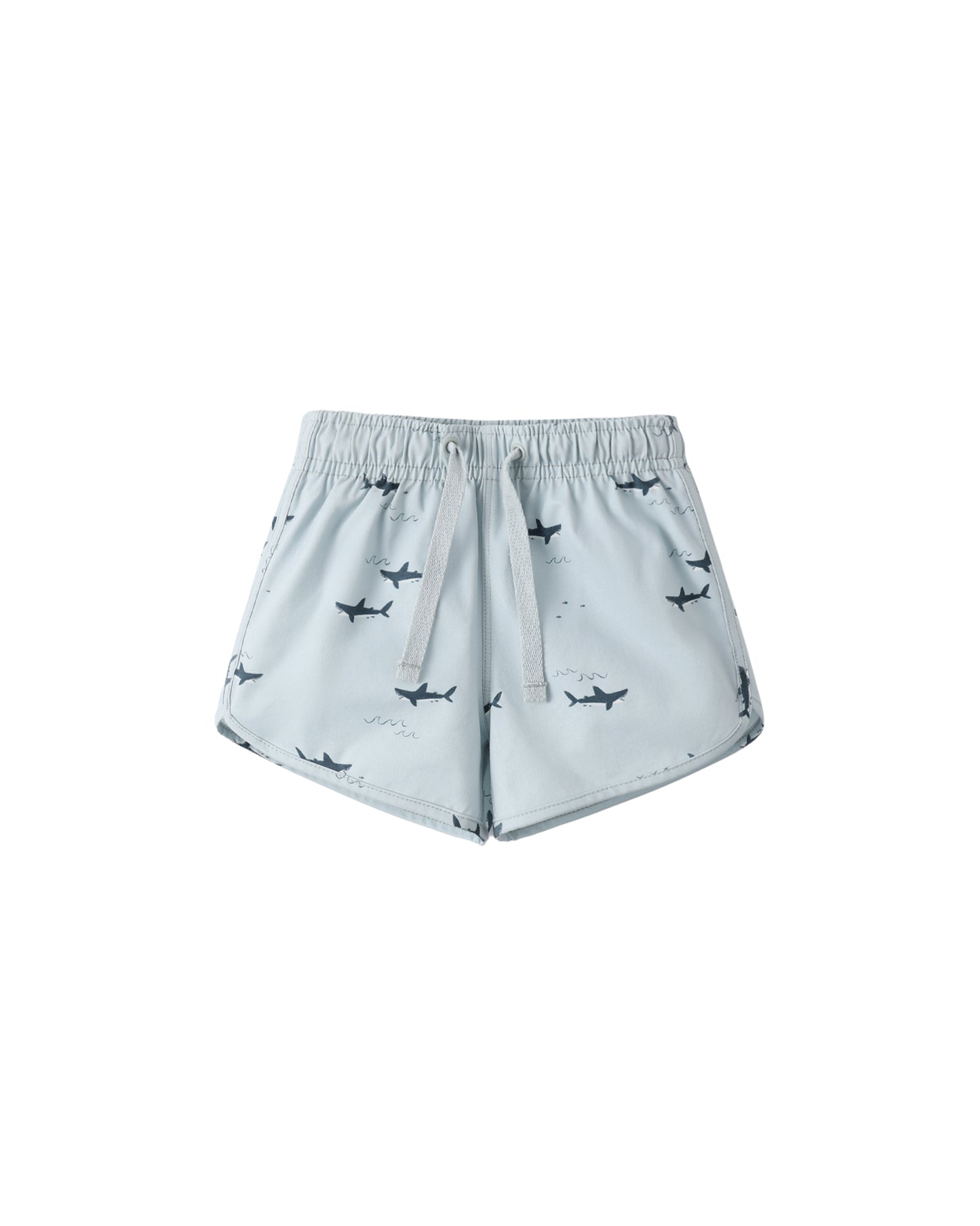 Light blue Sharks swim trunks by Rylee & Cru with shark print and comfortable elastic waistband for kids' swimwear.