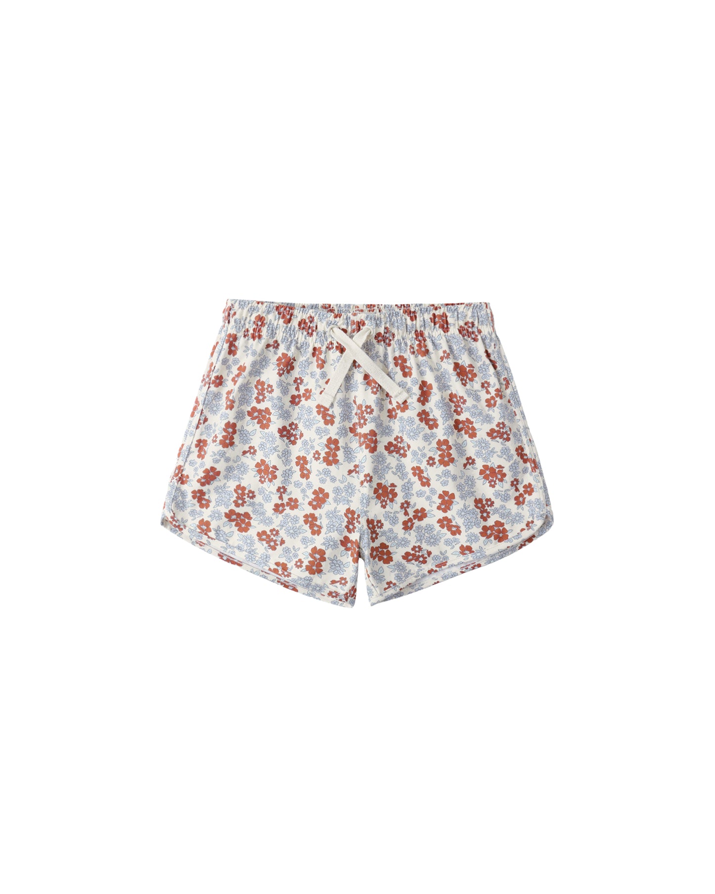 Rylee & Cru Americana floral swim trunk with blue and red flower print, lightweight fabric, and elastic waistband.