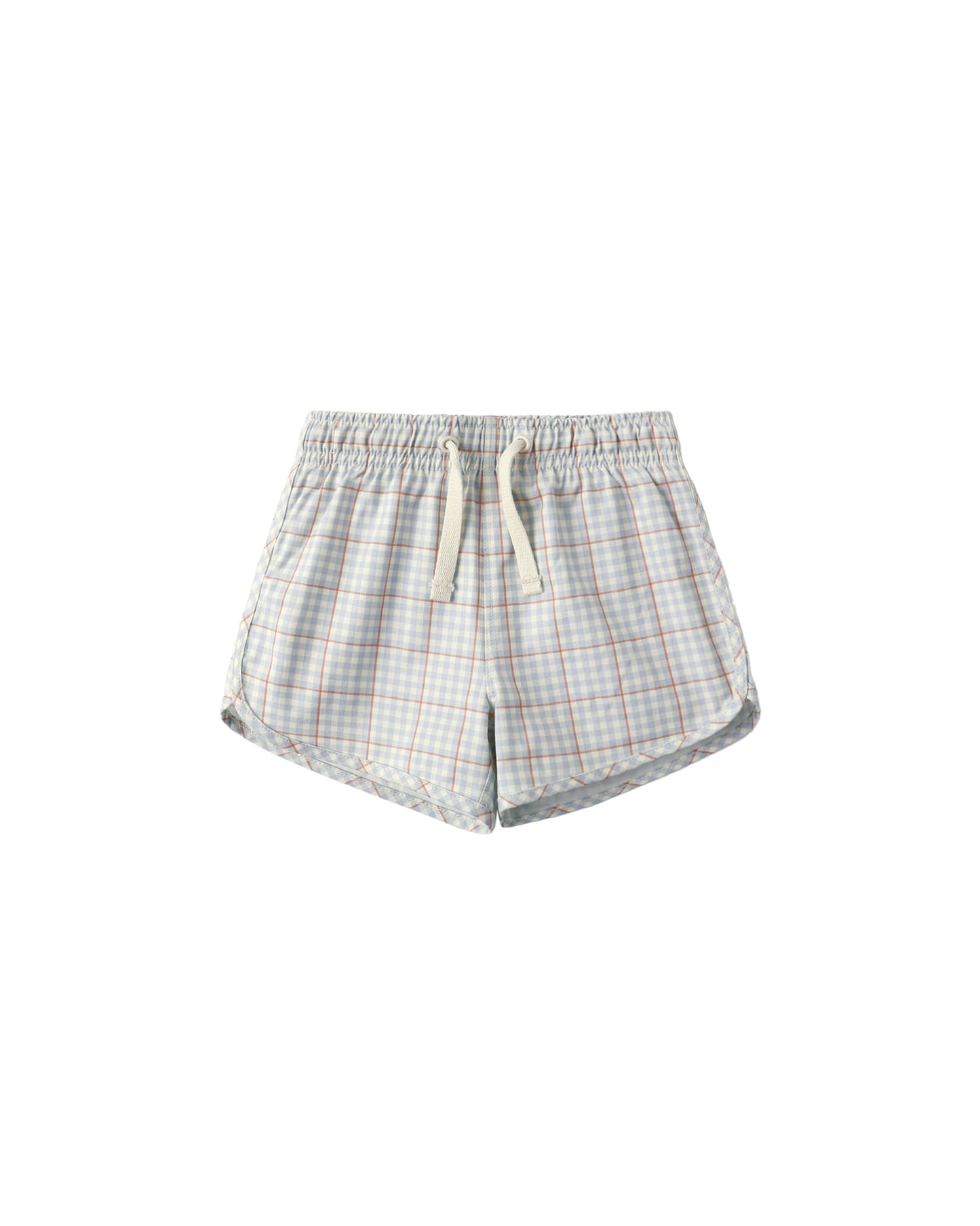 Light blue plaid swim trunks by Rylee & Cru with an elastic waistband and side pockets, perfect for beach or pool days.