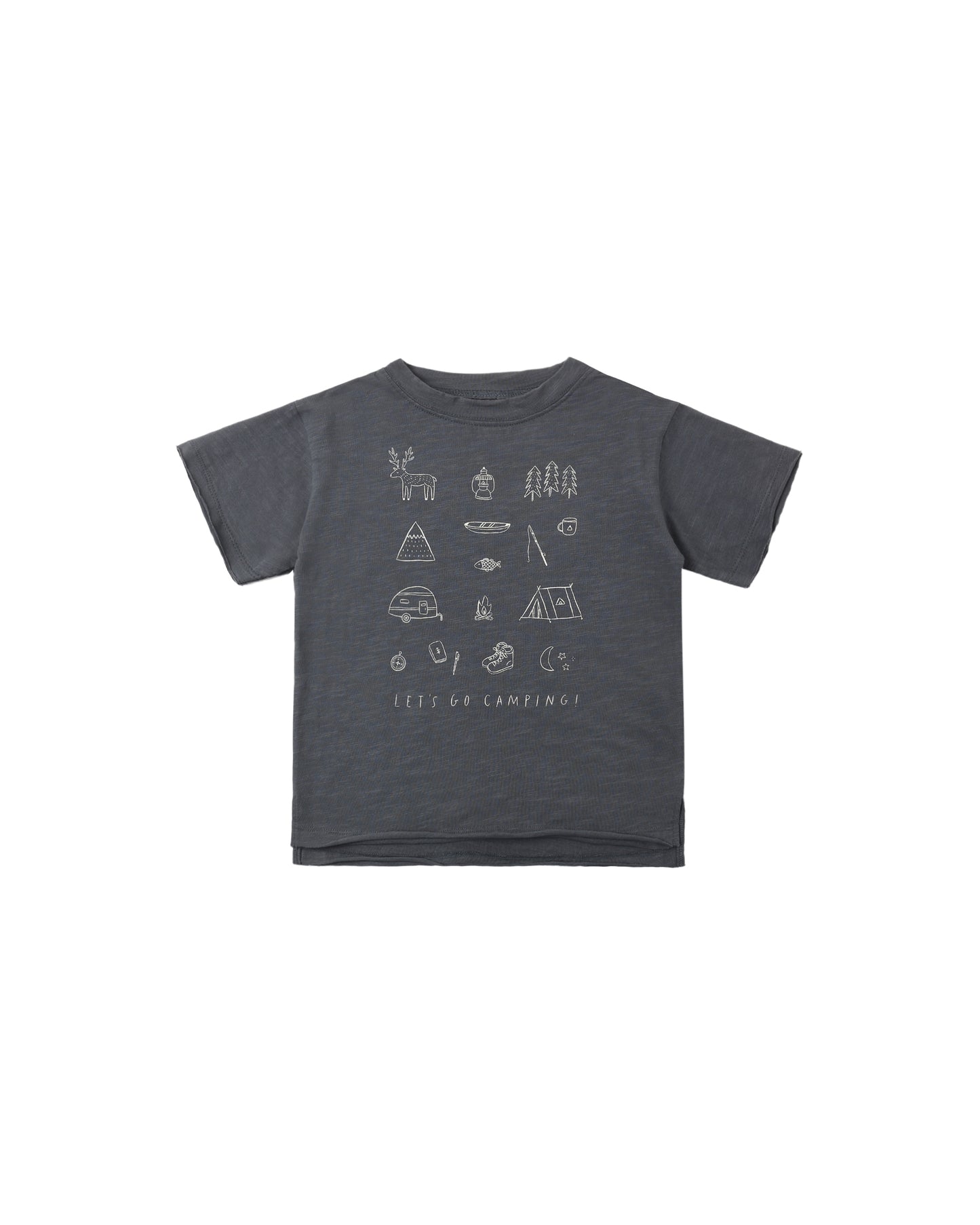 Rylee & Cru Let's Go Camping Raw Edge Tee in midnight color, soft cotton fabric with a casual fit, displayed on a hanger.