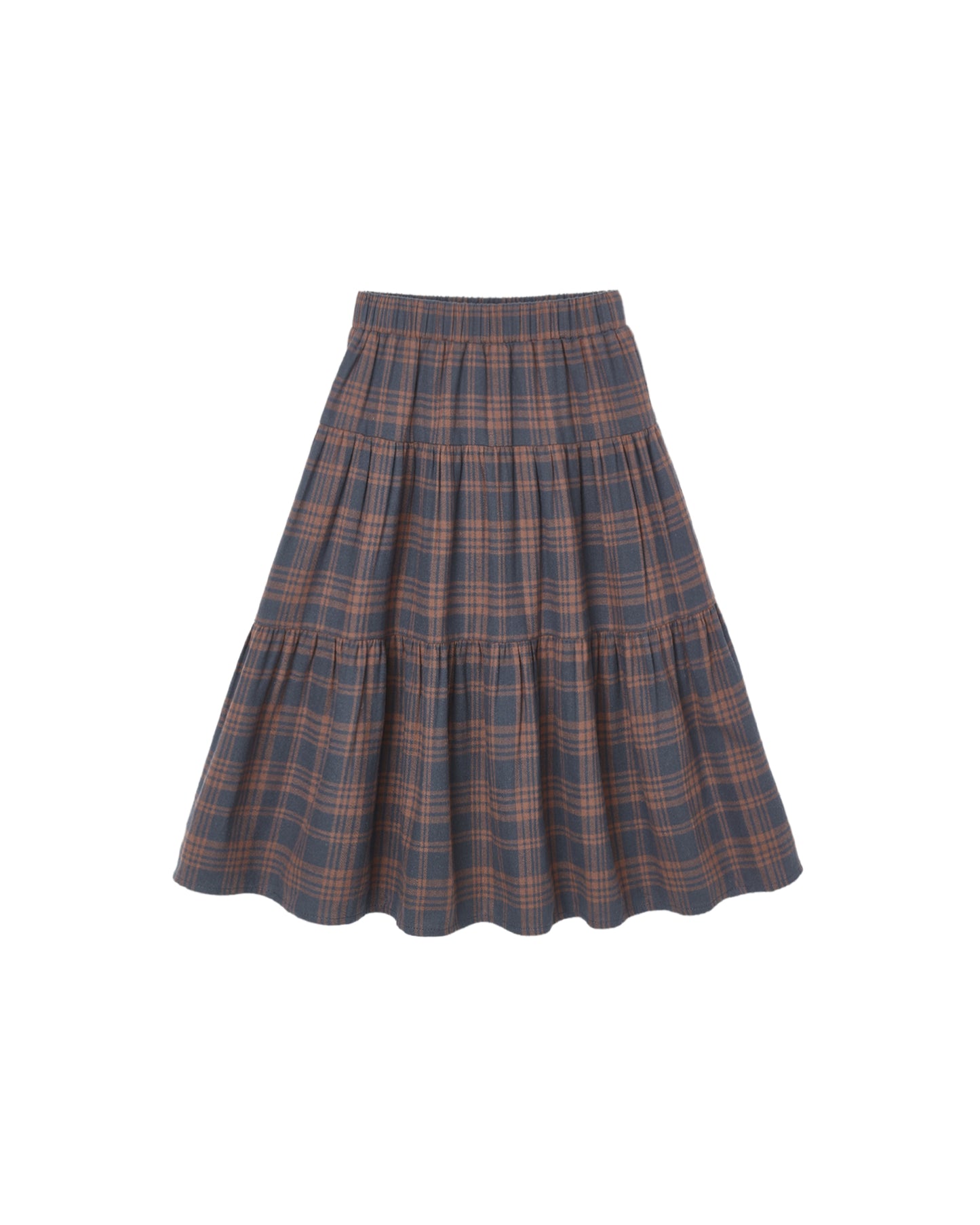 Rylee & Cru midnight plaid tiered midi skirt with layered fabric and elastic waistband, stylish and comfortable for casual wear.