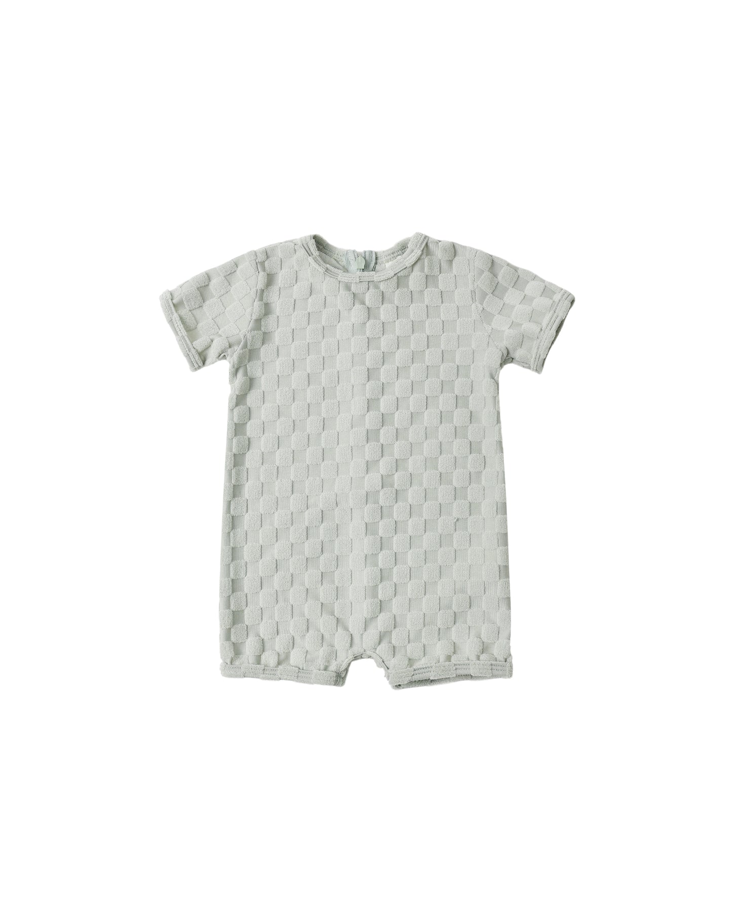 Rylee & Cru Sage Check Shortie One Piece swimsuit in gray with a playful check pattern, featuring adjustable straps and a relaxed fit.
