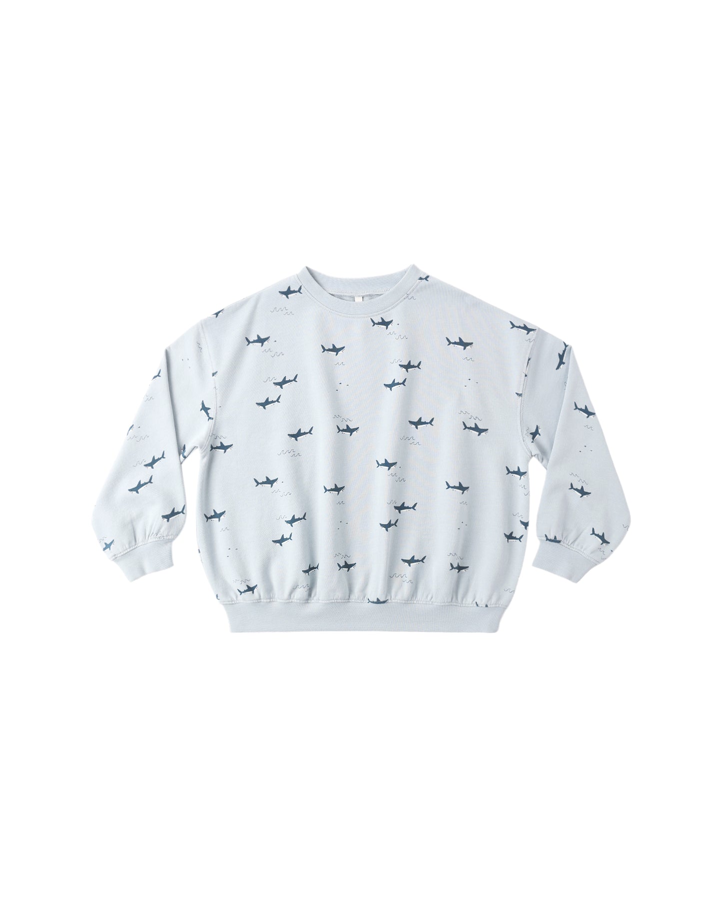 Light blue Rylee & Cru Sharks sweatshirt featuring a playful shark graphic on the front. Perfect for casual wear.